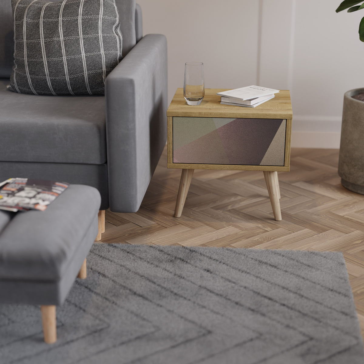 BEIGE GEOMETRY Κομοδίνο με συρτάρι