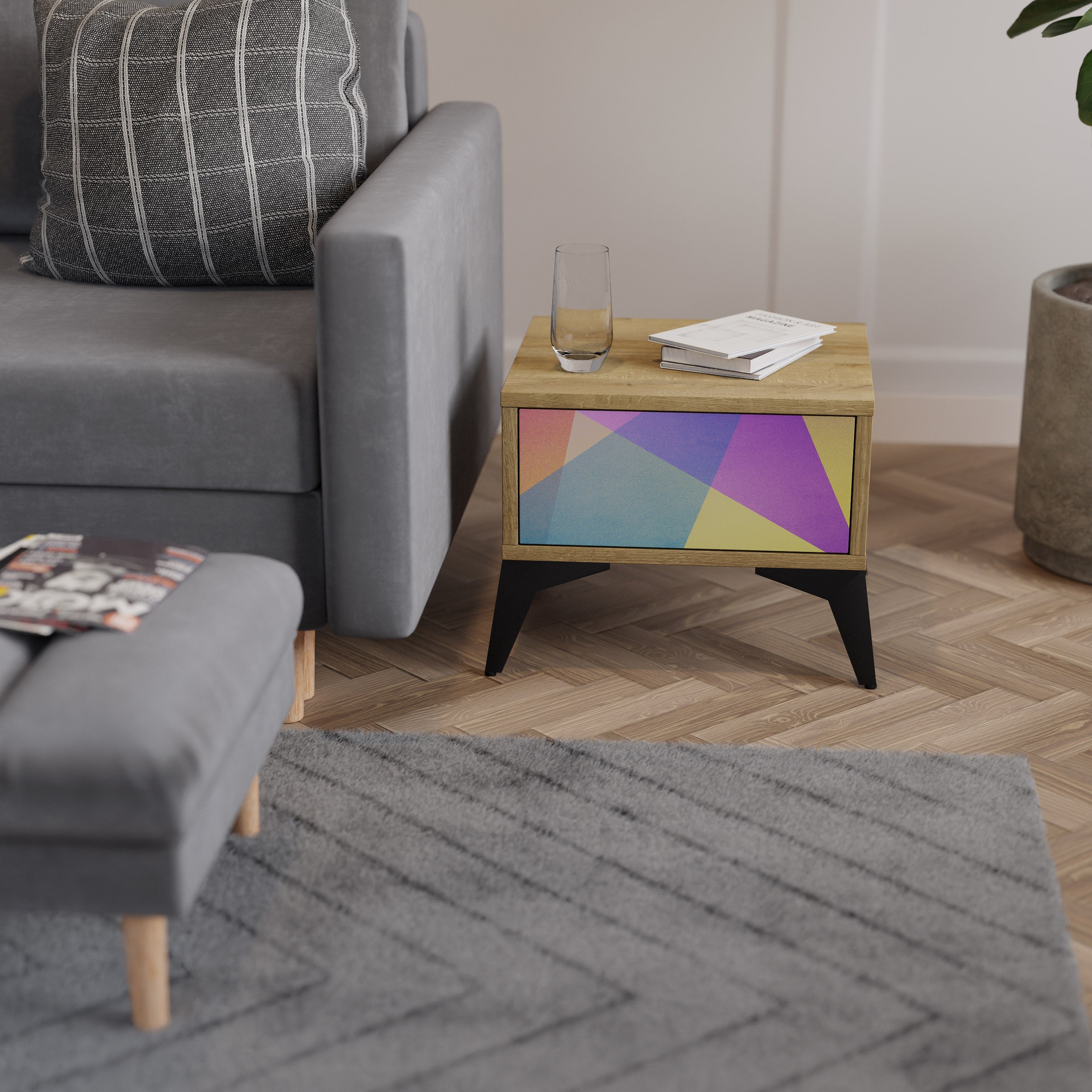 BRIGHT GEOMETRY Nightstand in Oak Effect