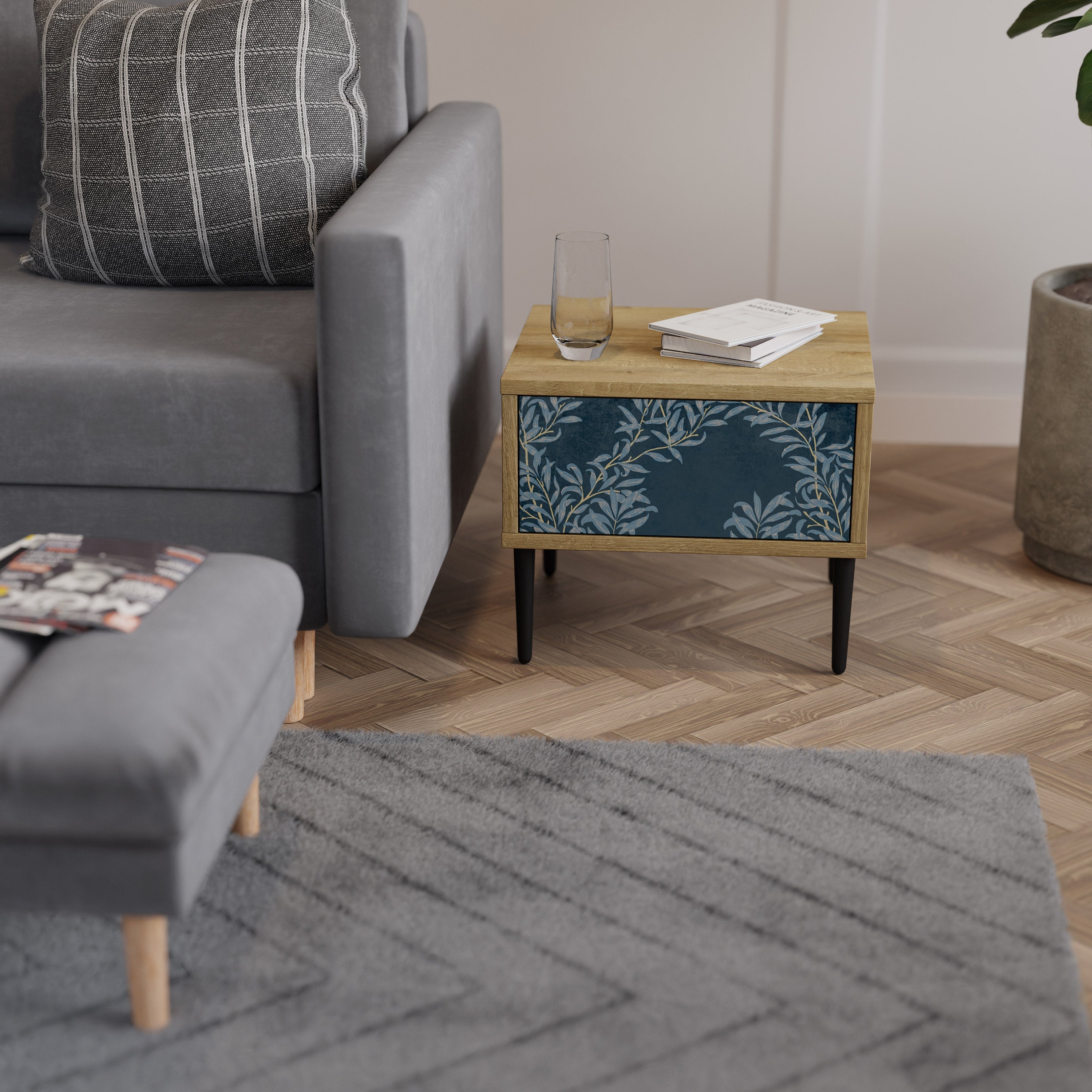 BLUE LEAVES Nightstand in Oak Effect