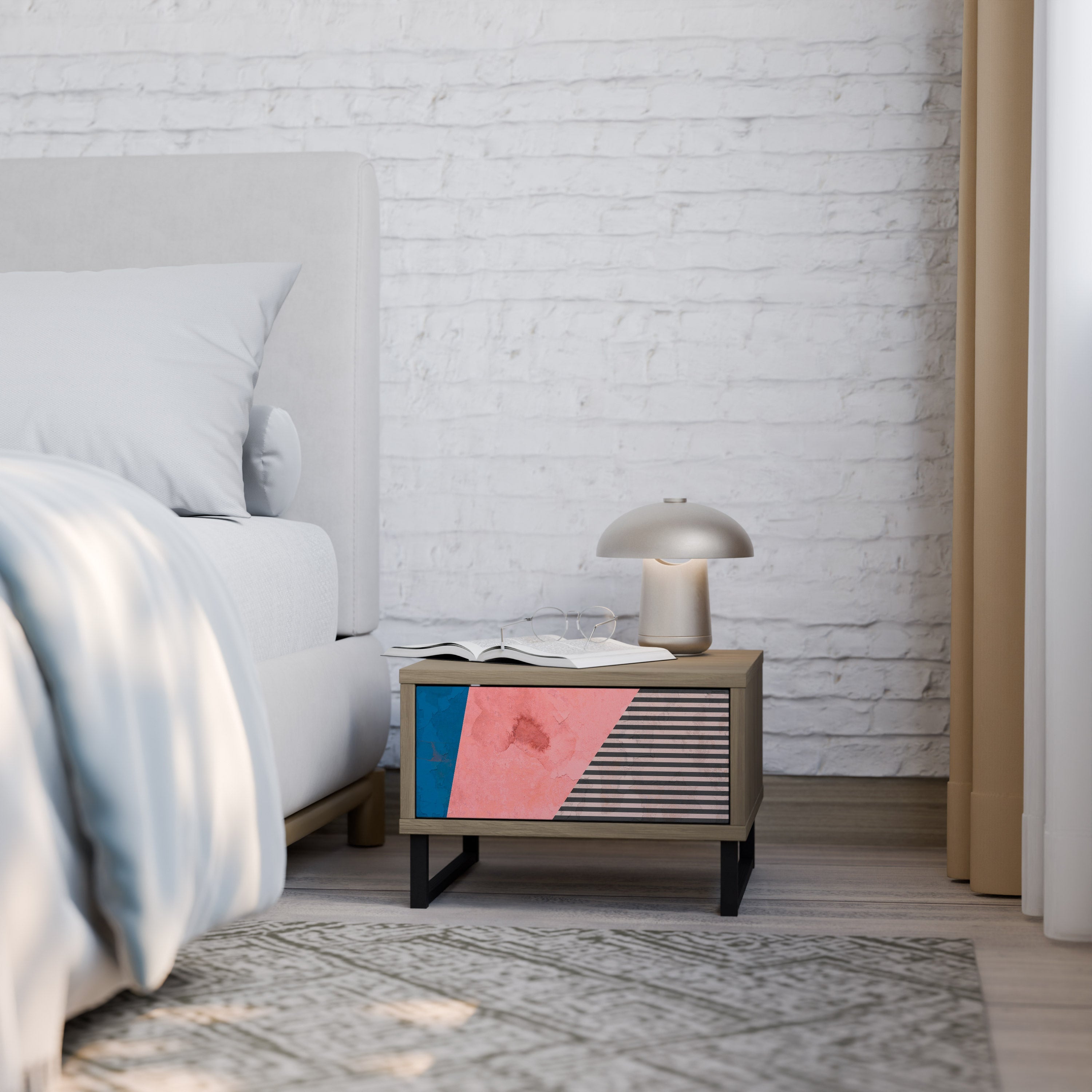 GLAMOROUS STRIPE Nightstand in Oak Effect