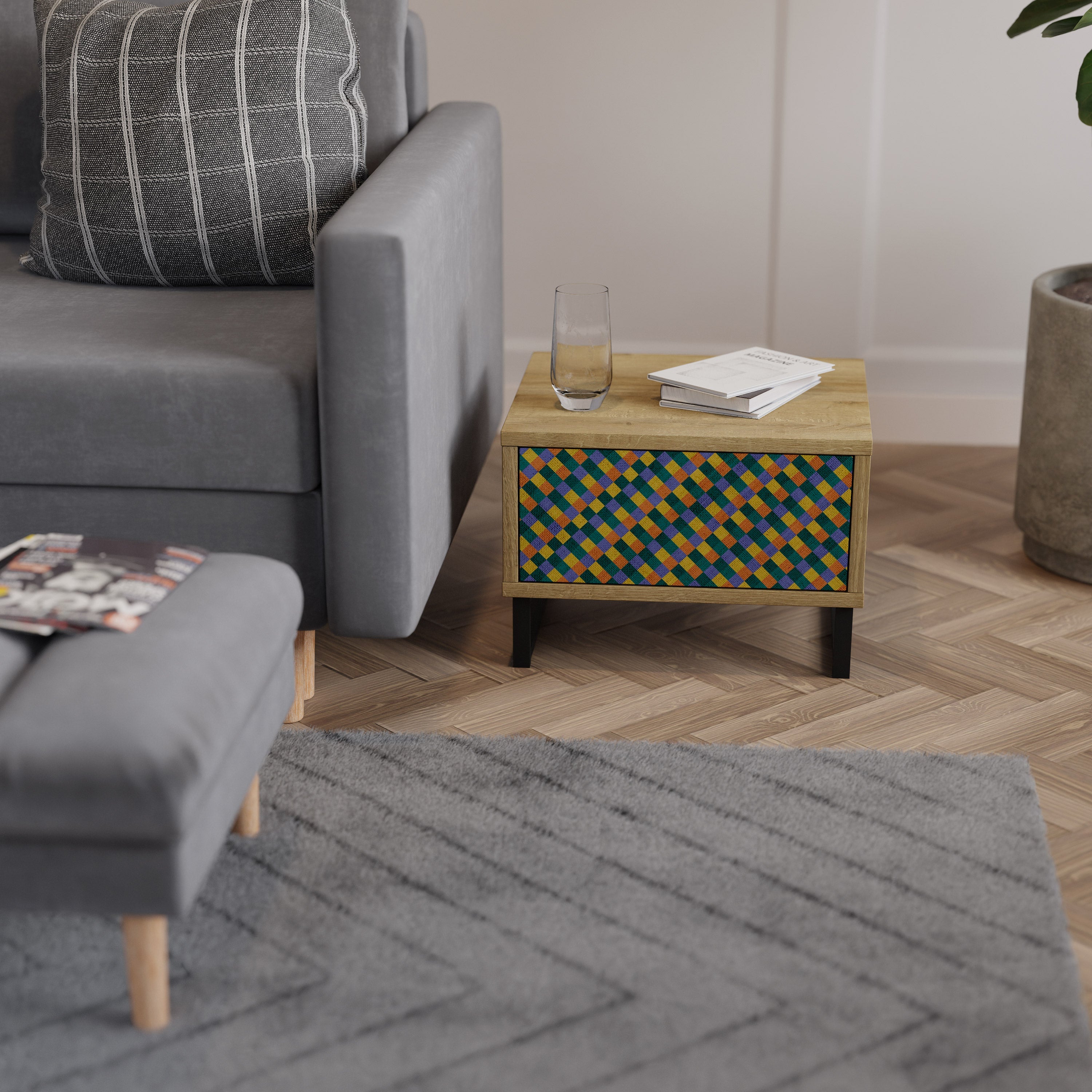 PAINTED SQUARES MIX Nightstand in Oak Effect
