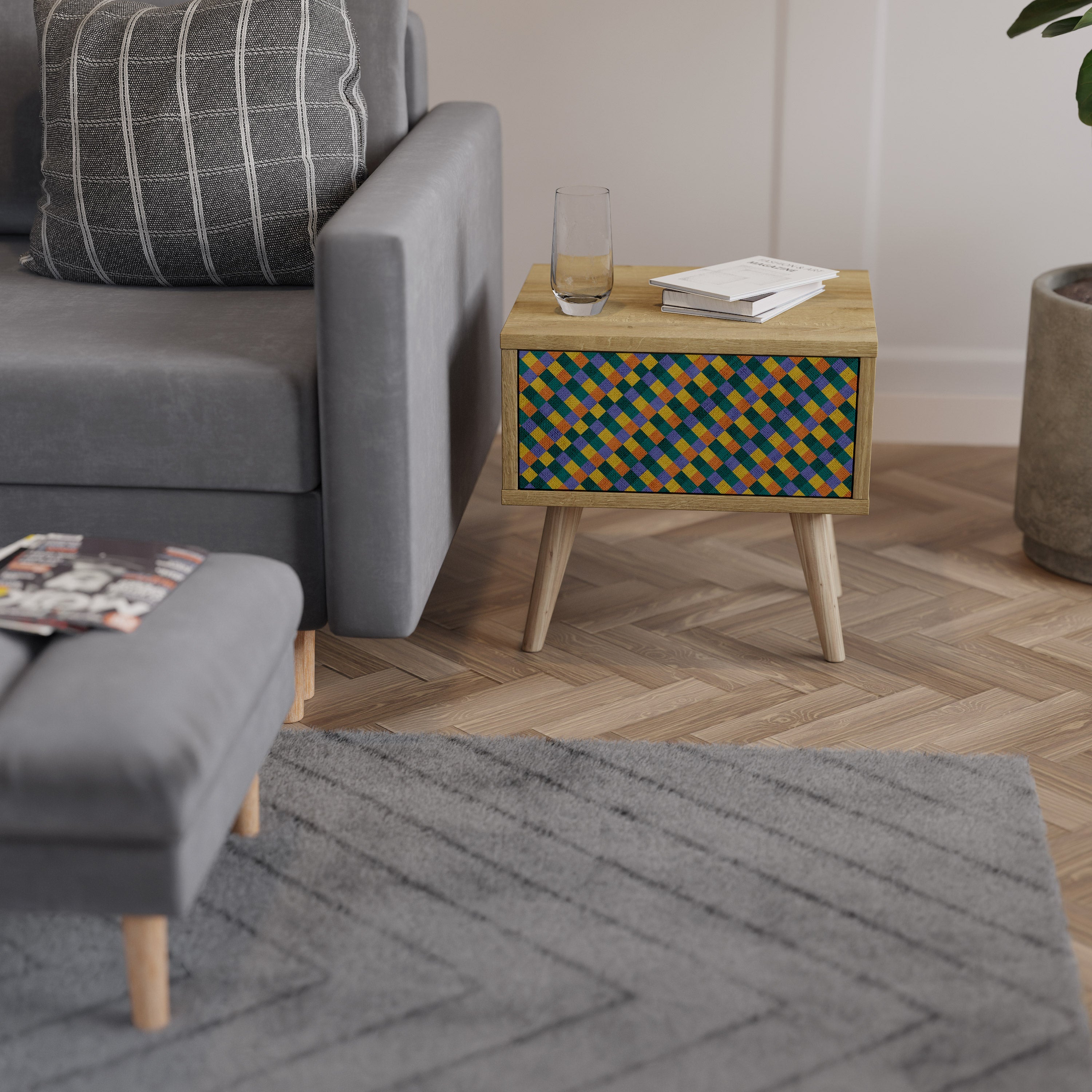 PAINTED SQUARES MIX Nightstand in Oak Effect