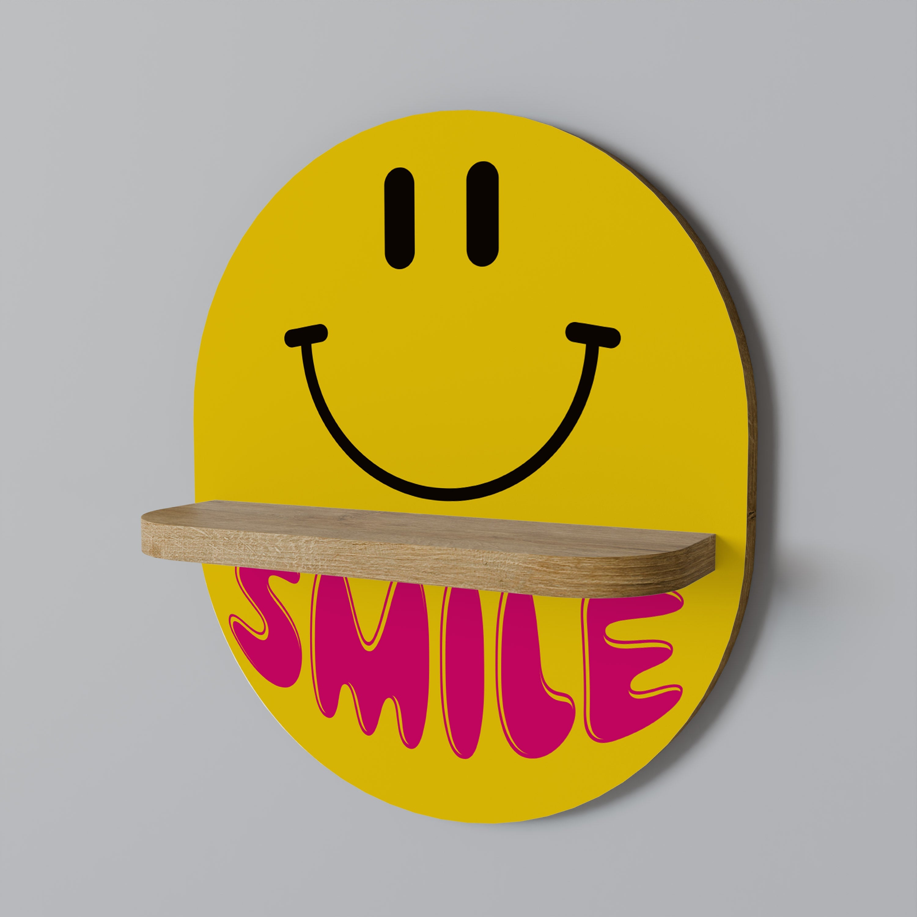 KEEP SMILING Oval Art Shelf In Oak Effect