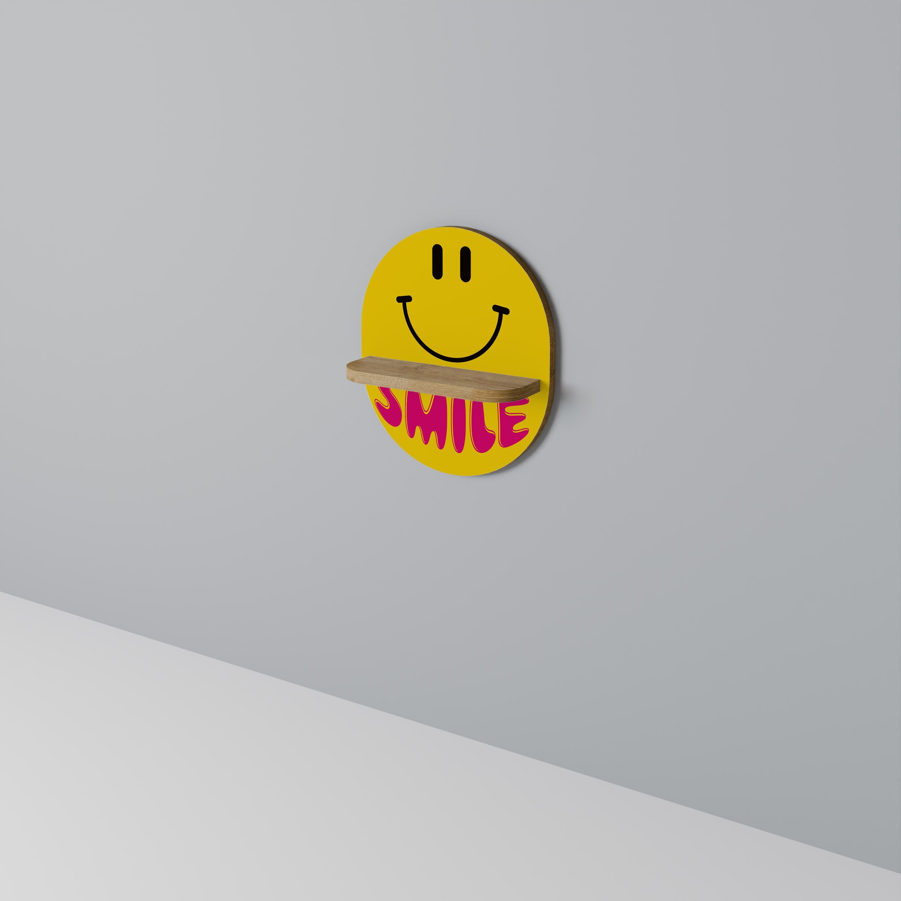 KEEP SMILING Oval Art Shelf In Oak Effect