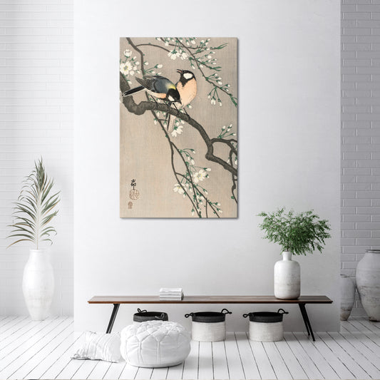 TITS ON CHERRY BRANCH Κατακόρυφος Πίνακας σε Καμβά