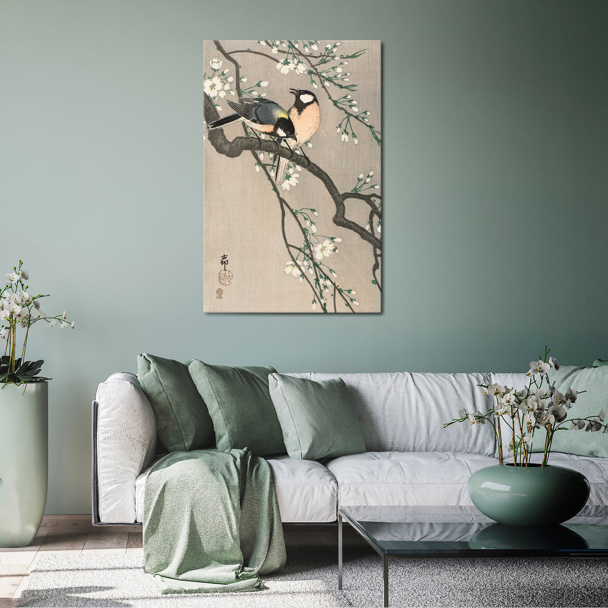 TITS ON CHERRY BRANCH Κατακόρυφος Πίνακας σε Καμβά
