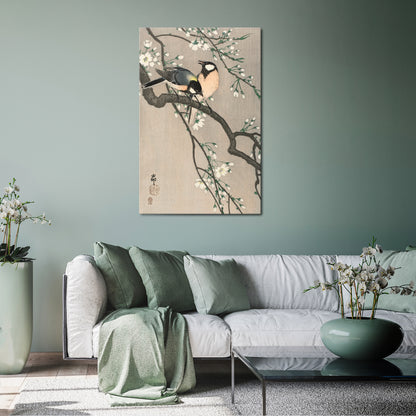 TITS ON CHERRY BRANCH Κατακόρυφος Πίνακας σε Καμβά