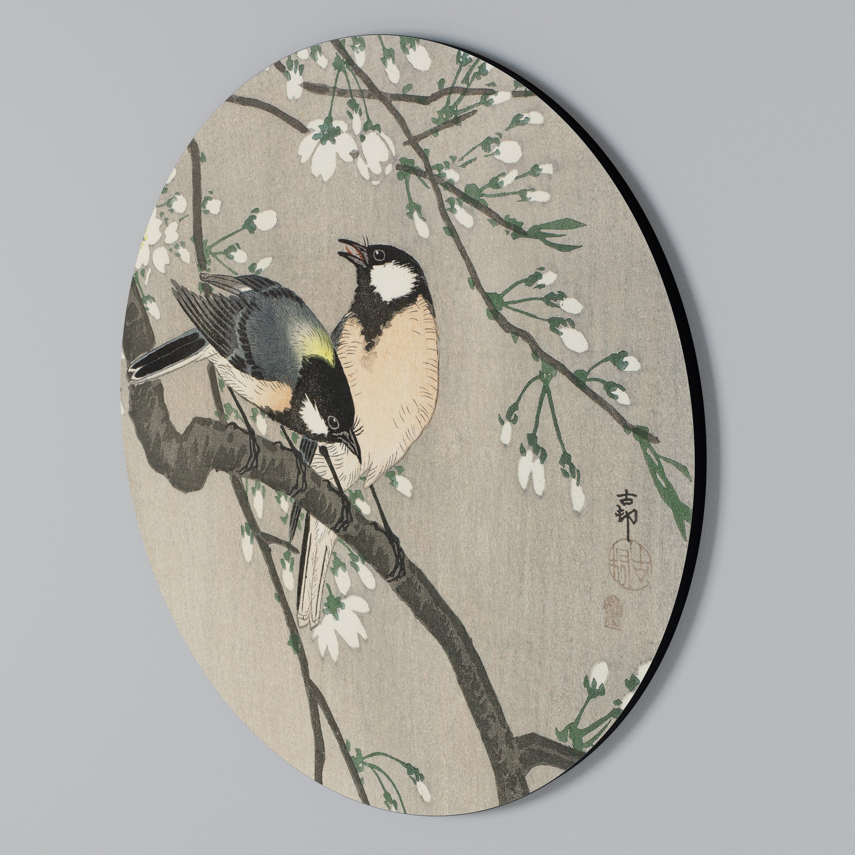 TITS ON CHERRY BRANCH Round Wall Art