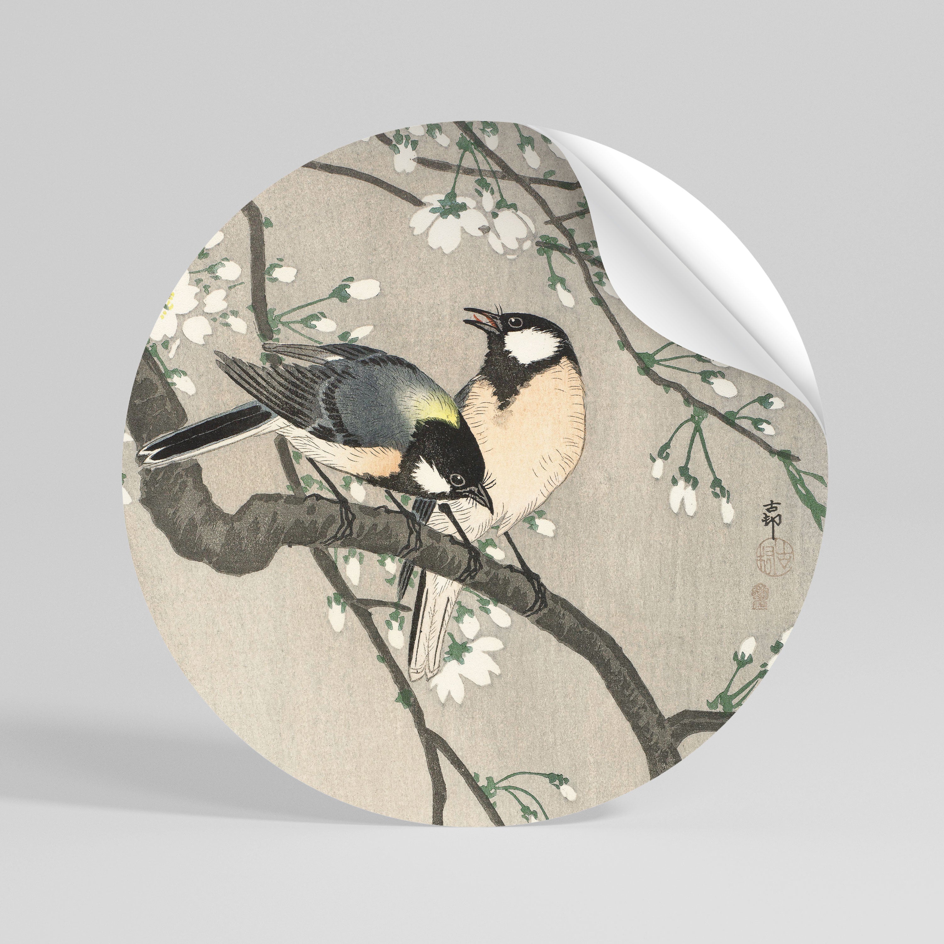 TITS ON CHERRY BRANCH Peel and Stick Round Sticker