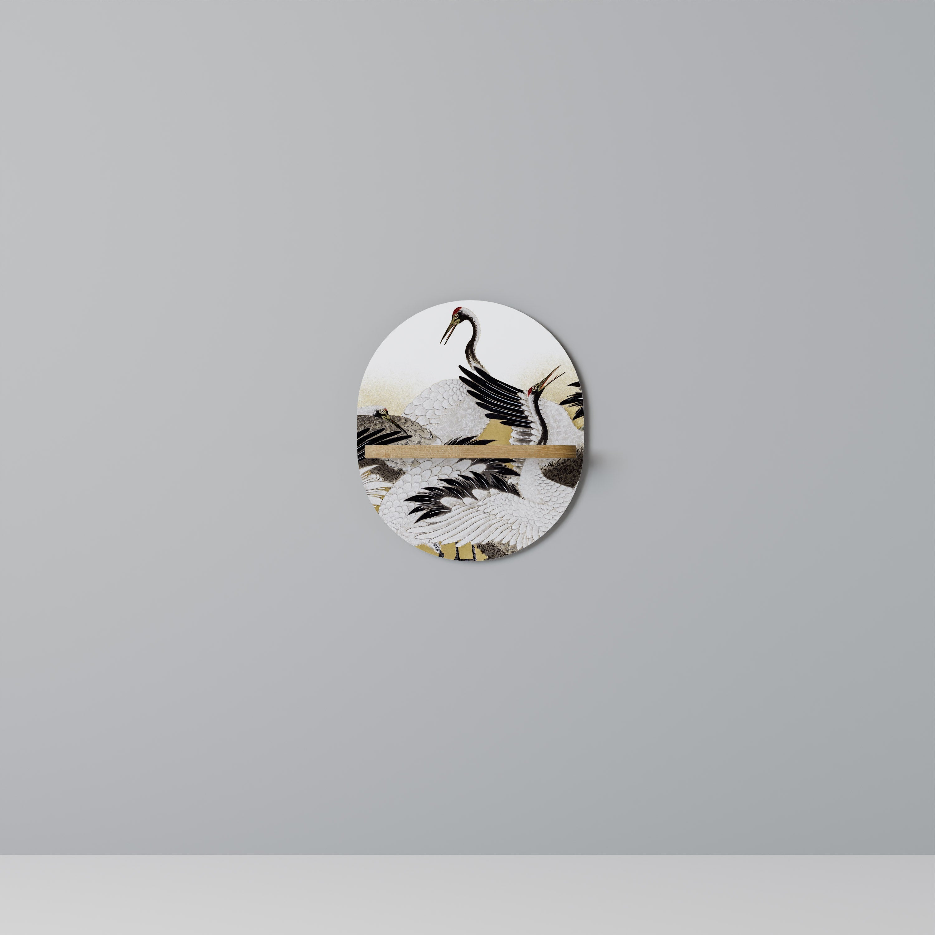 JAPANESE FLOCK OF CRANES Oval Art Shelf In Oak Effect