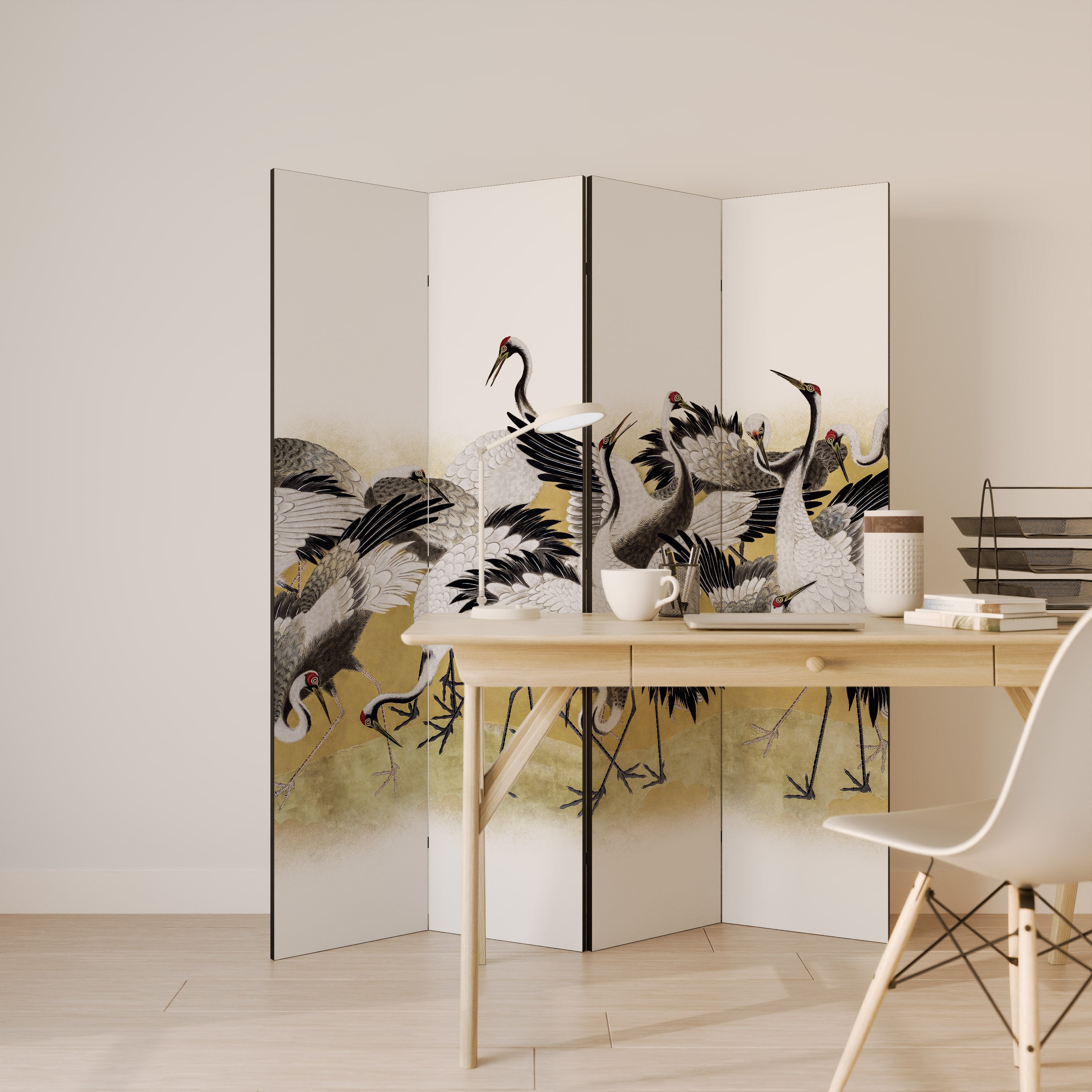 JAPANESE FLOCK OF CRANES 4-Panel Room Divider