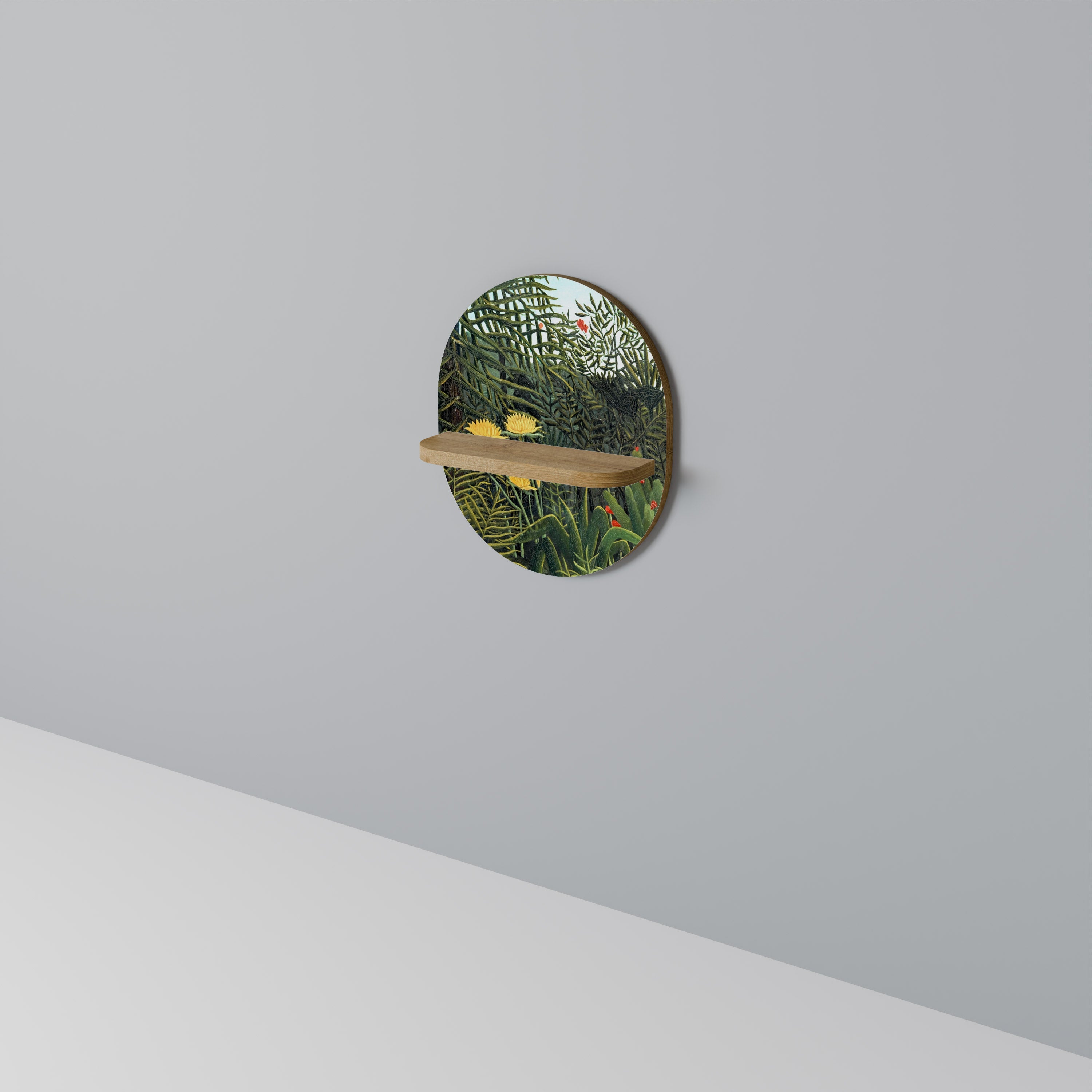 VIRGIN FOREST WITH SUNSET Oval Art Shelf In Oak Effect