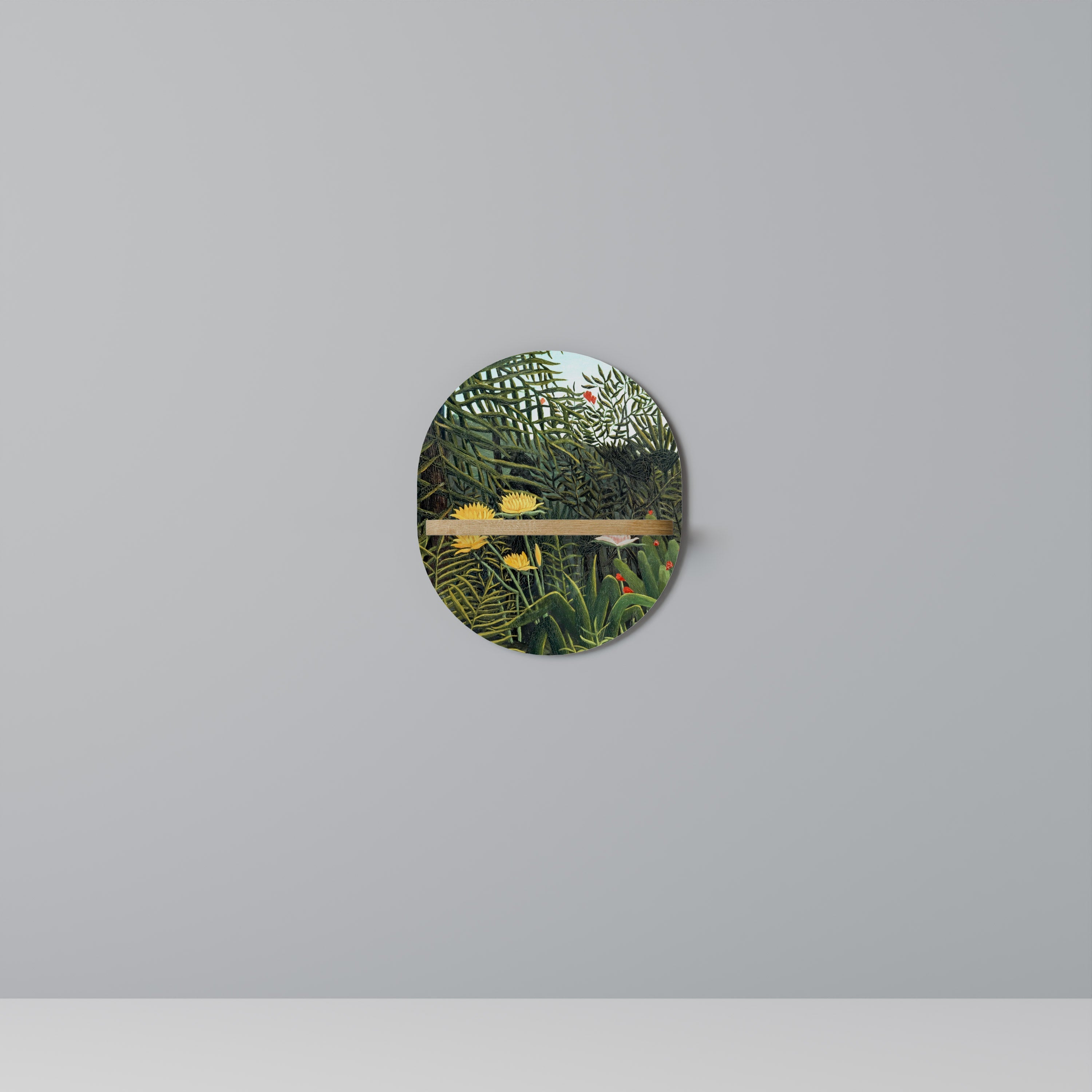 VIRGIN FOREST WITH SUNSET Oval Art Shelf In Oak Effect