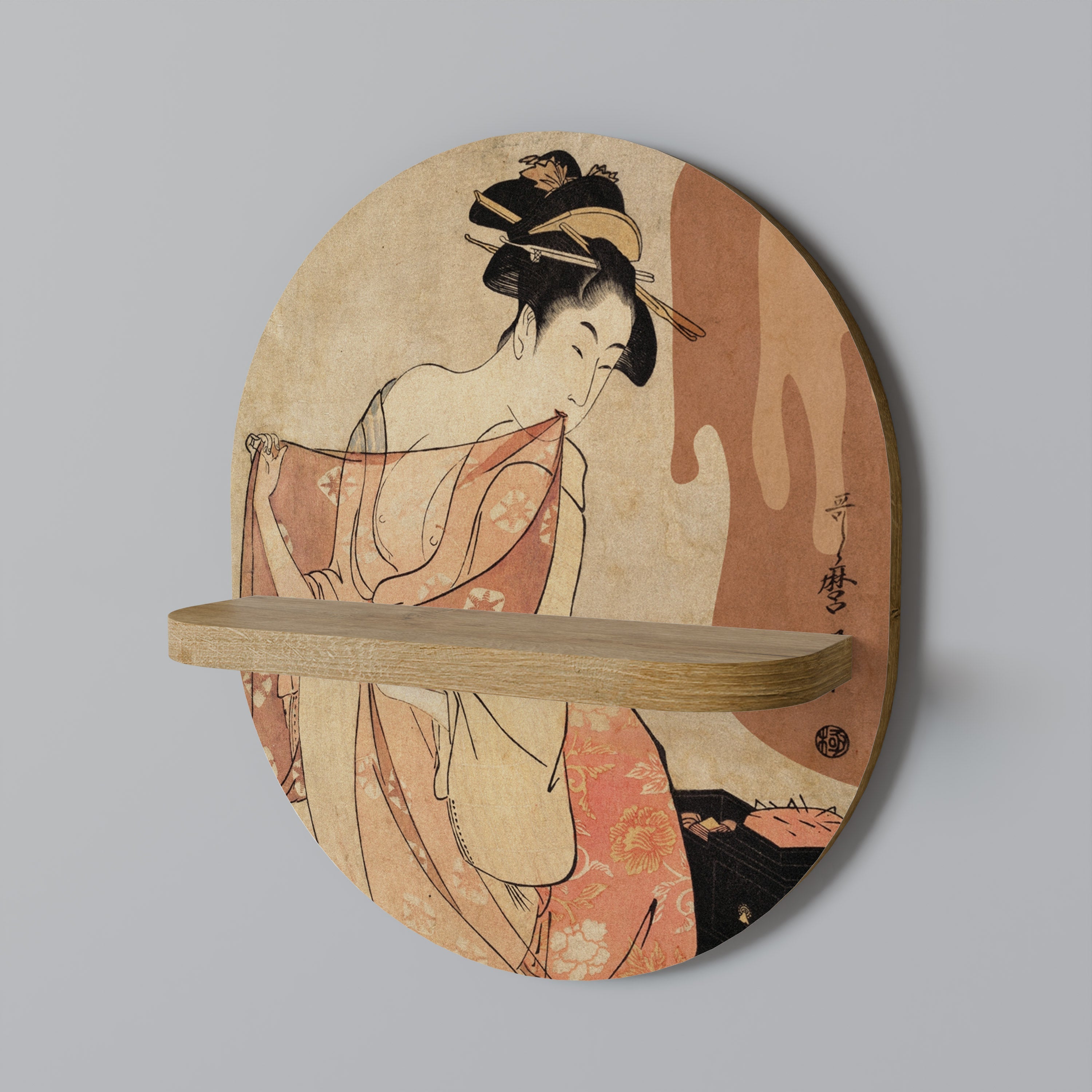WOMAN, CAT AND EXTRA BROWN Oval Art Shelf In Oak Effect