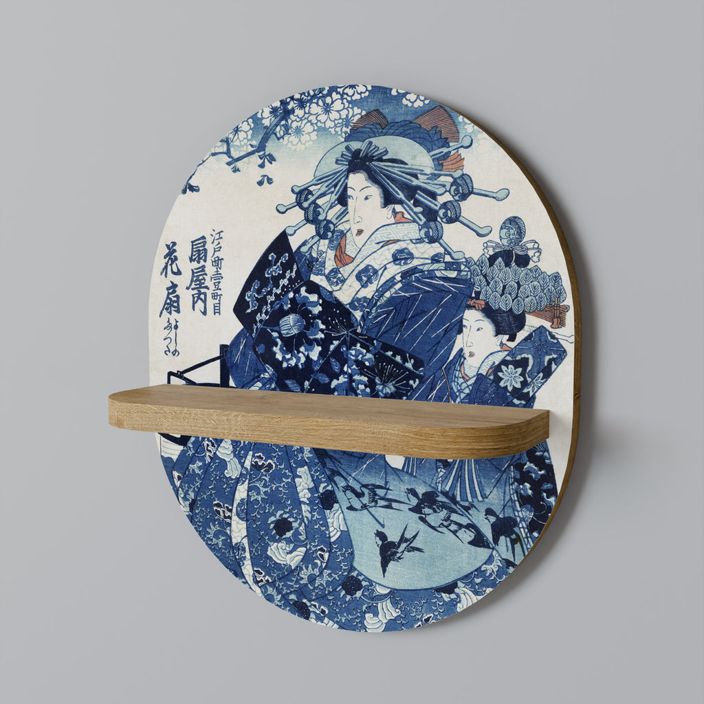 JAPANESE WOMAN Oval Art Shelf In Oak Effect