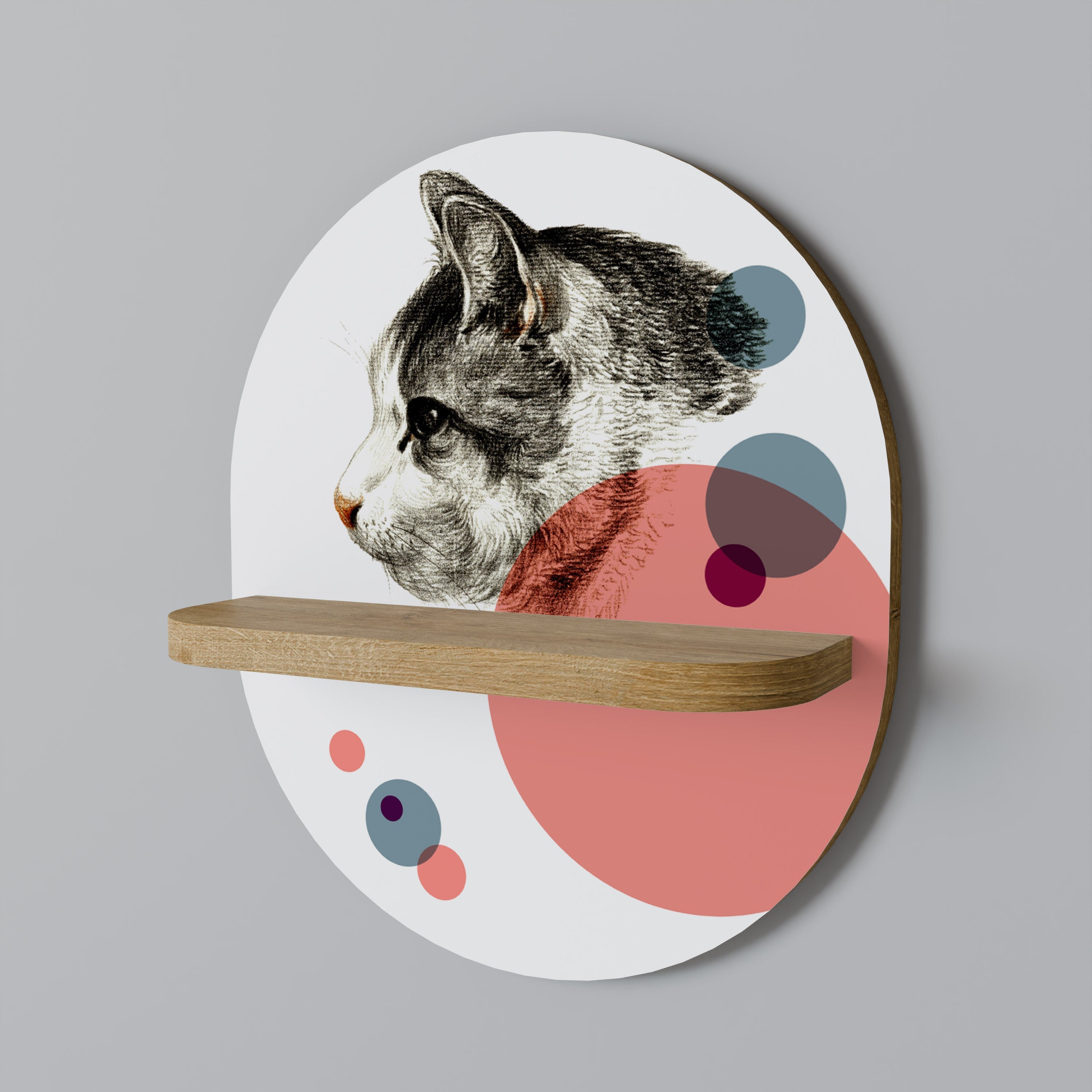BUBBLE CAT SKETCH Oval Art Shelf In Oak Effect