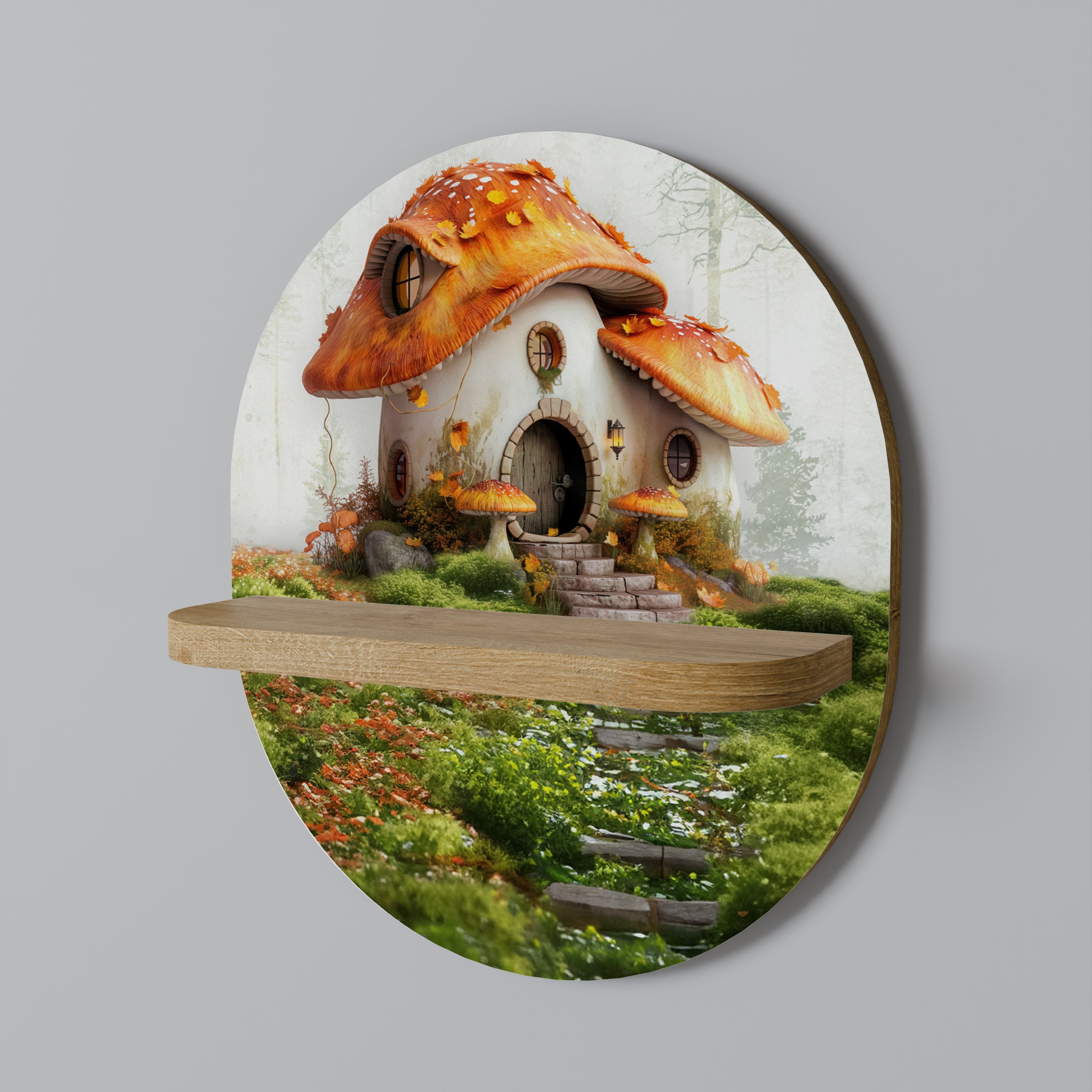 MYSTIC TOADSTOOL Oval Art Shelf In Oak Effect