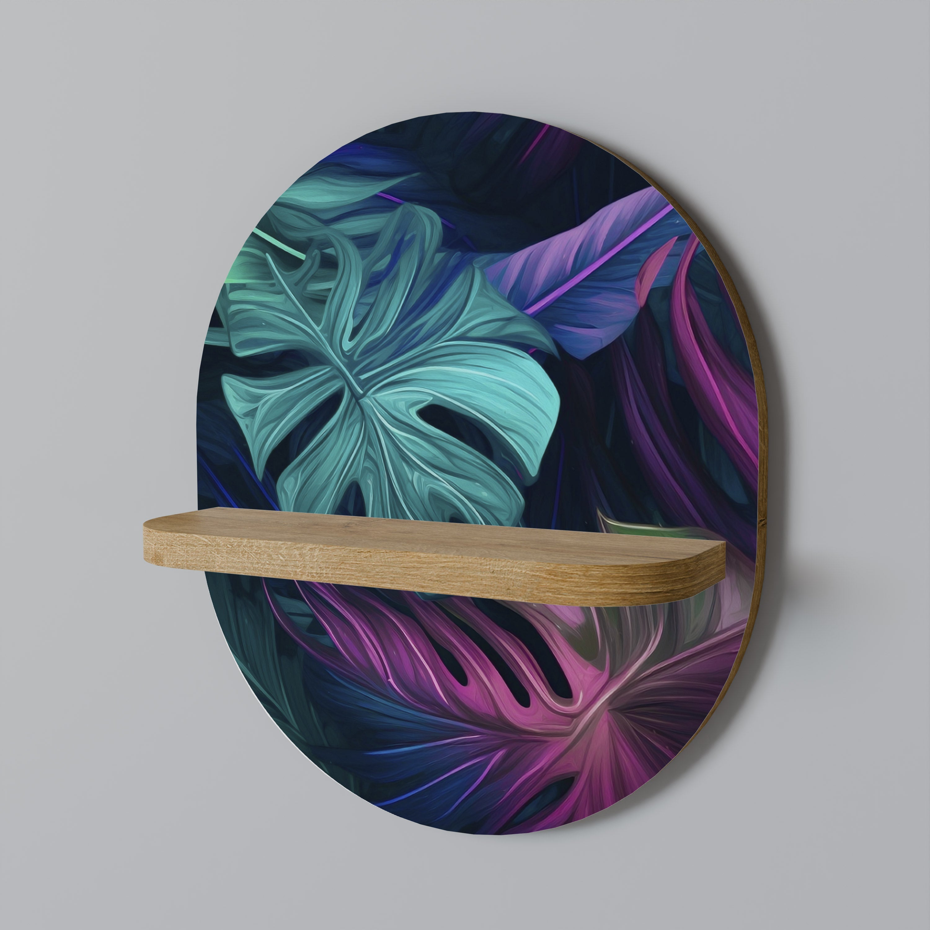 PSYCHODELIC MONSTERA Oval Art Shelf In Oak Effect