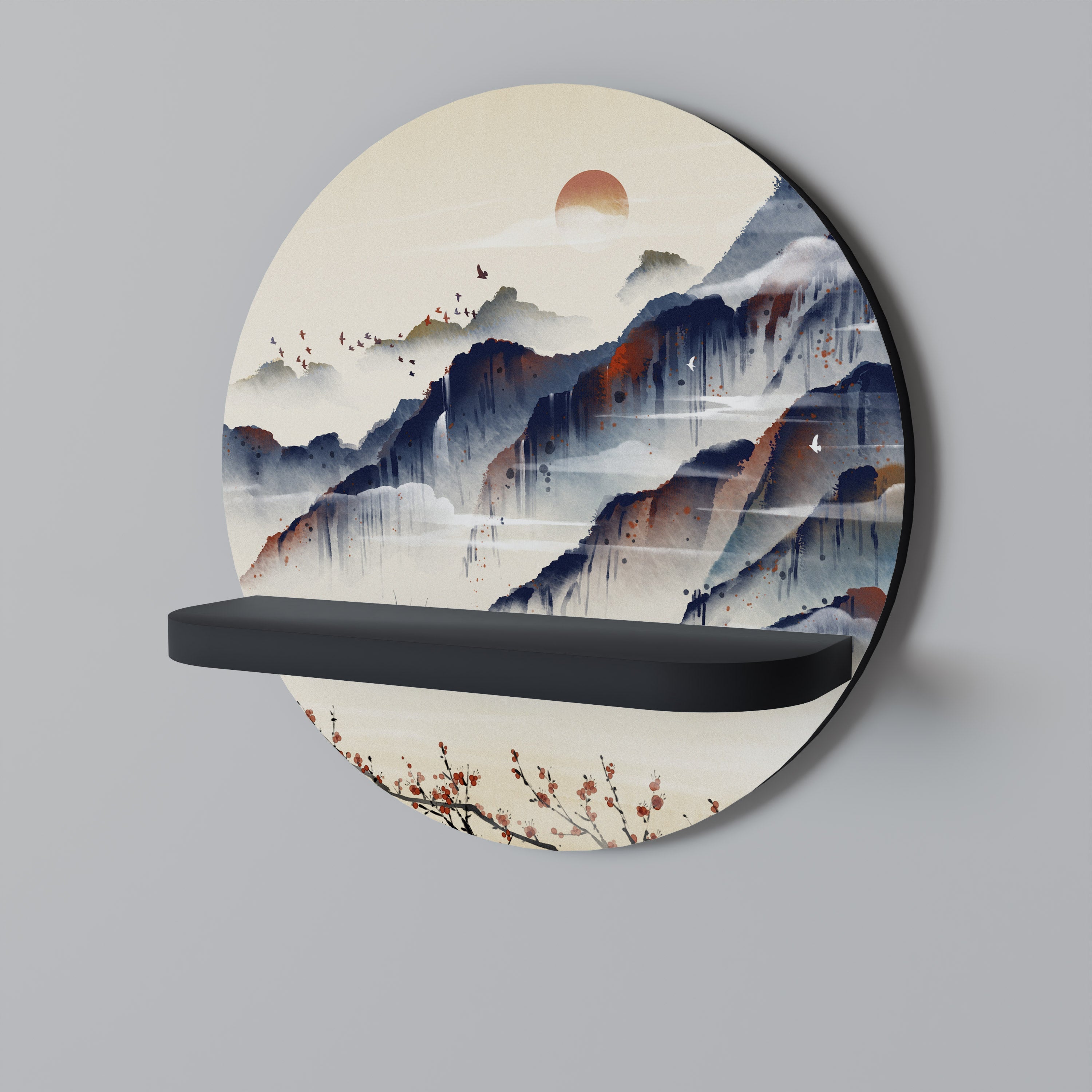 Στρογγυλό ράφι τέχνης JAPANESE LANDSCAPE σε μαύρο φινίρισμα