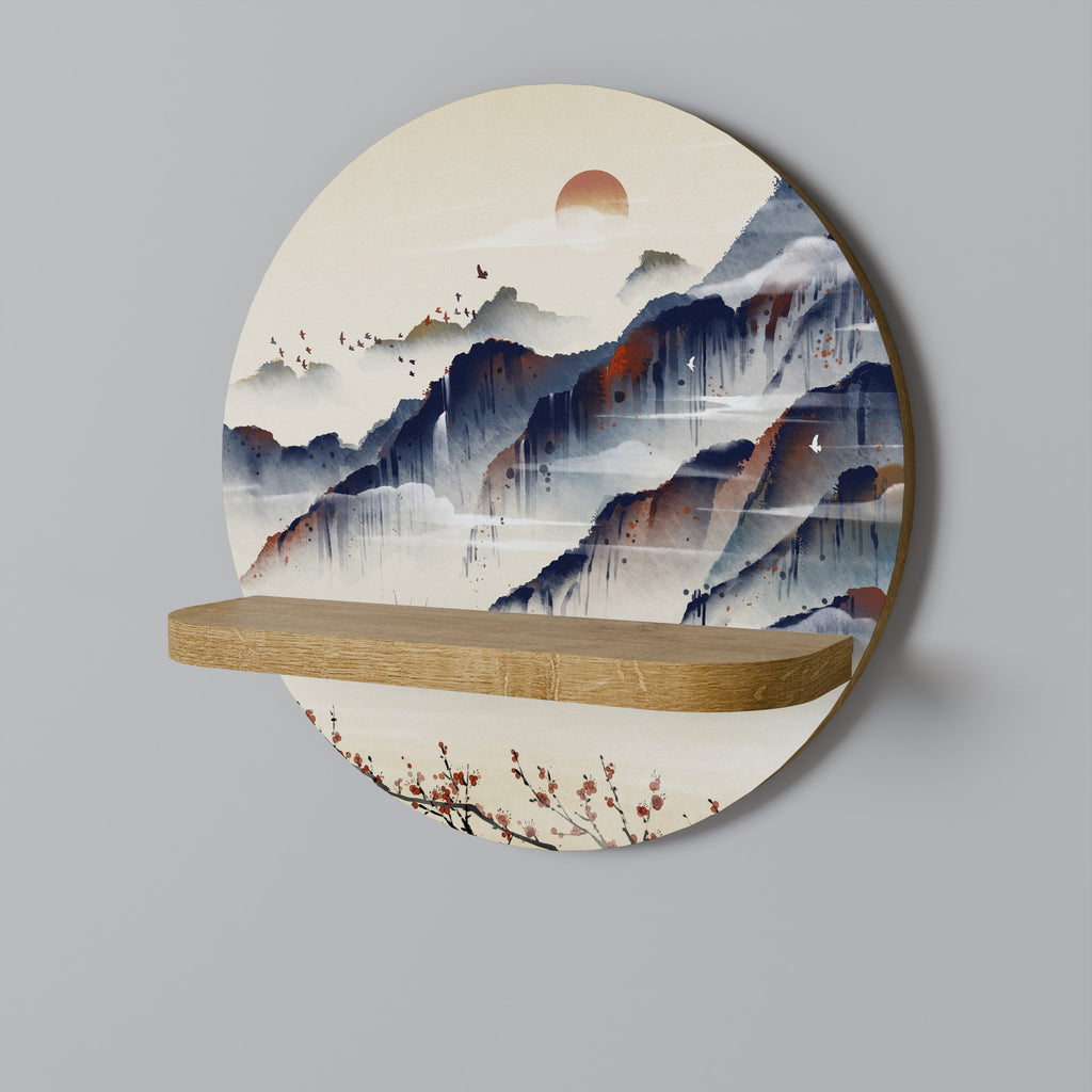 JAPANESE LANDSCAPE Round Art Shelf In Oak Effect