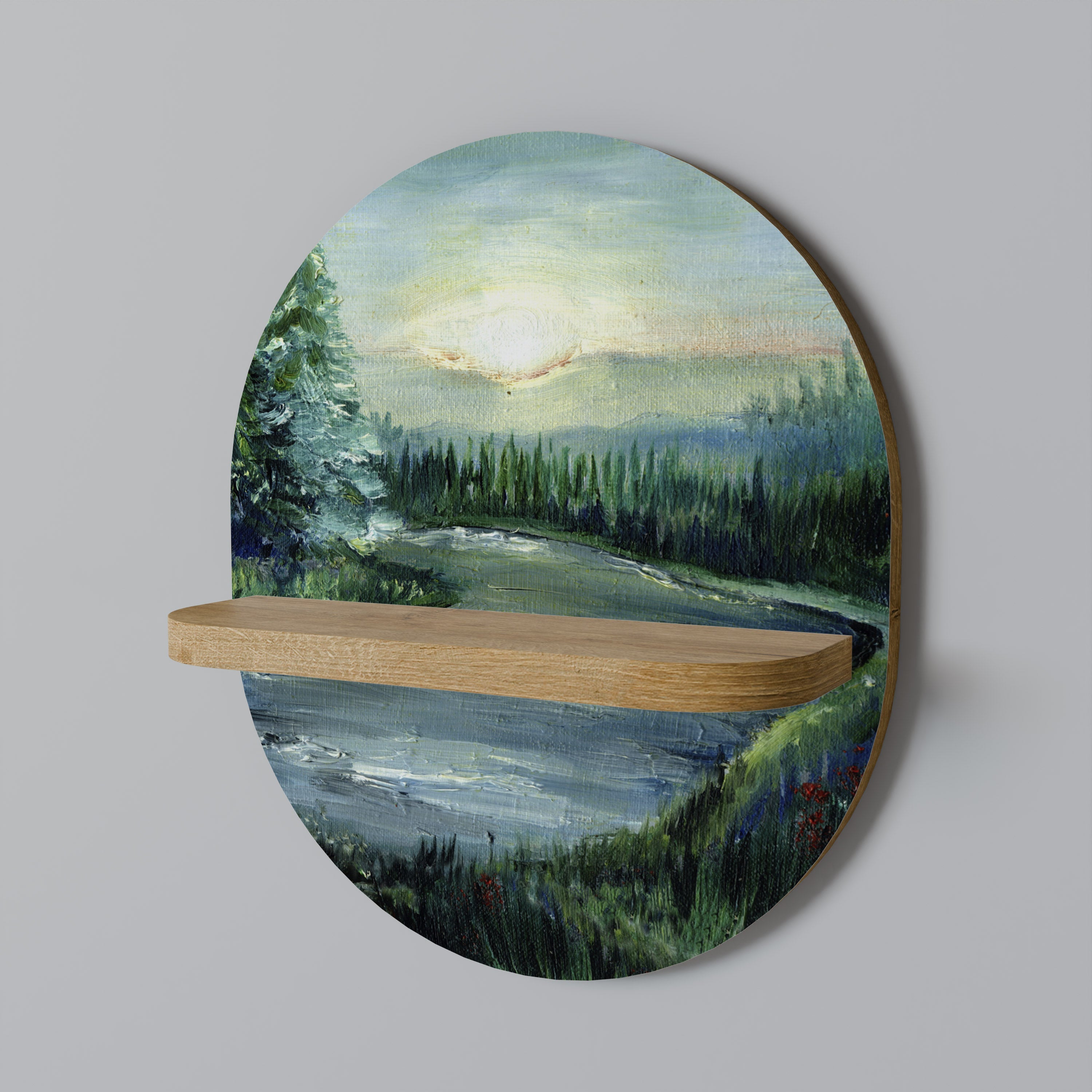 FOREST SUNSET Oval Art Shelf In Oak Effect