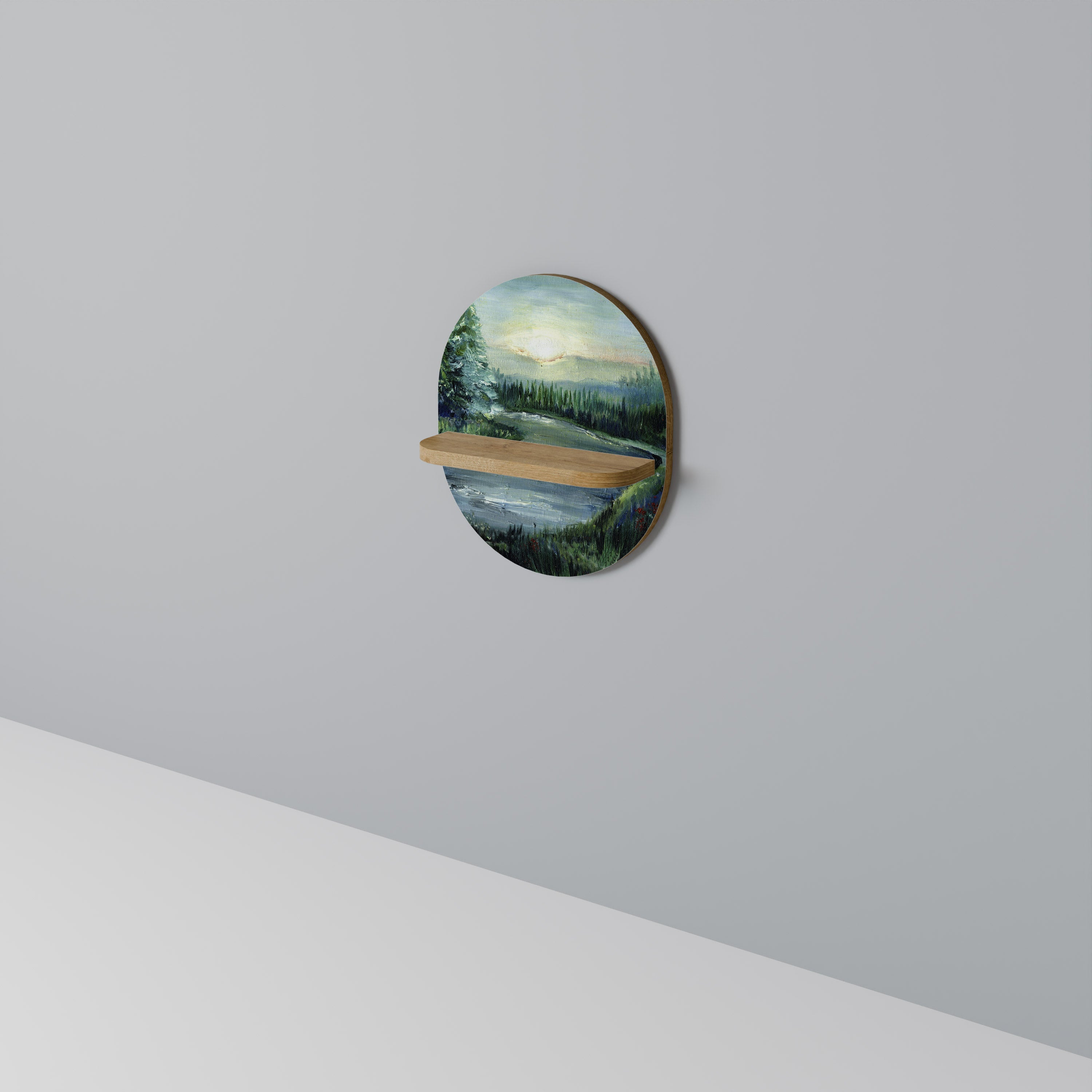 FOREST SUNSET Oval Art Shelf In Oak Effect