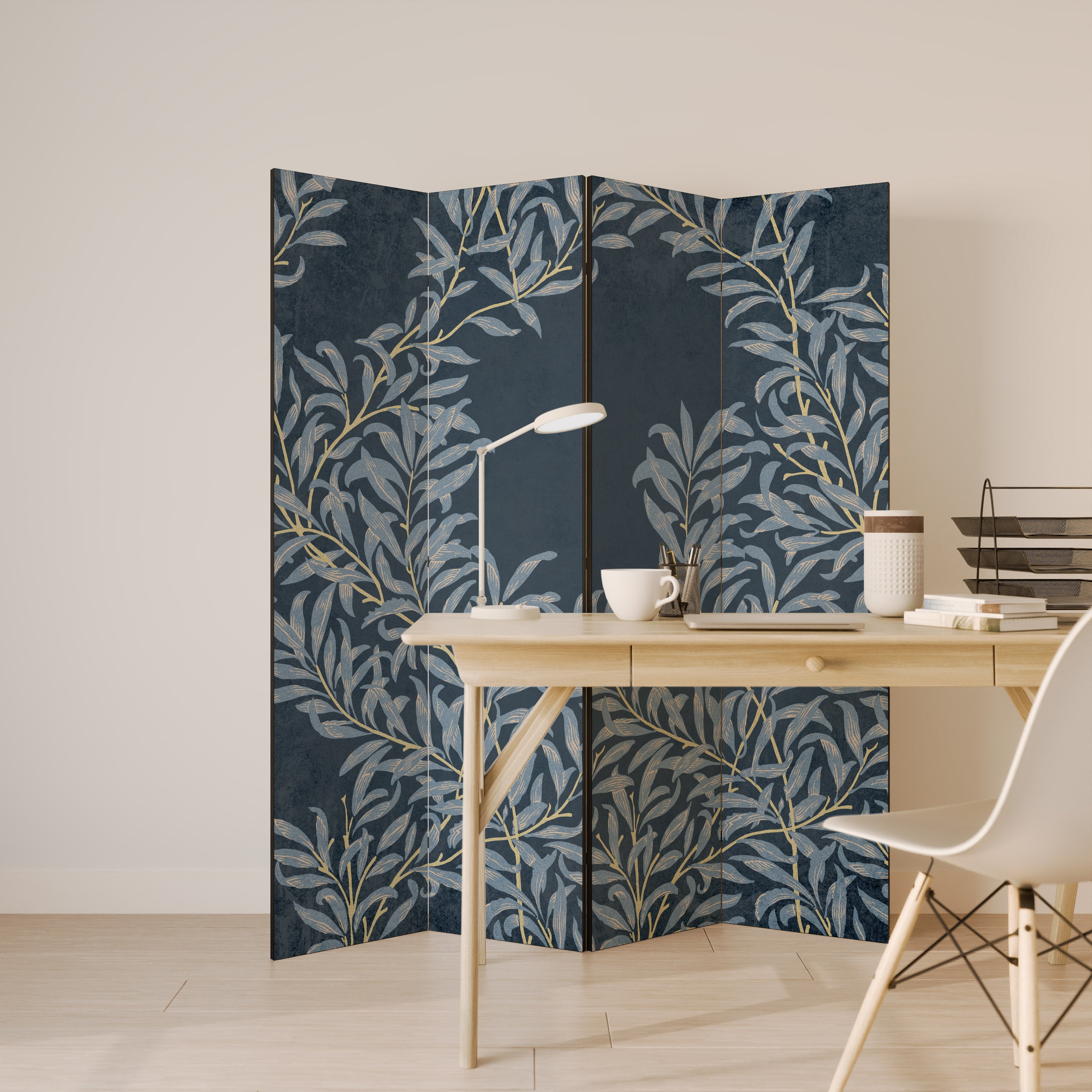 BLUE LEAVES 4-Panel Room Divider