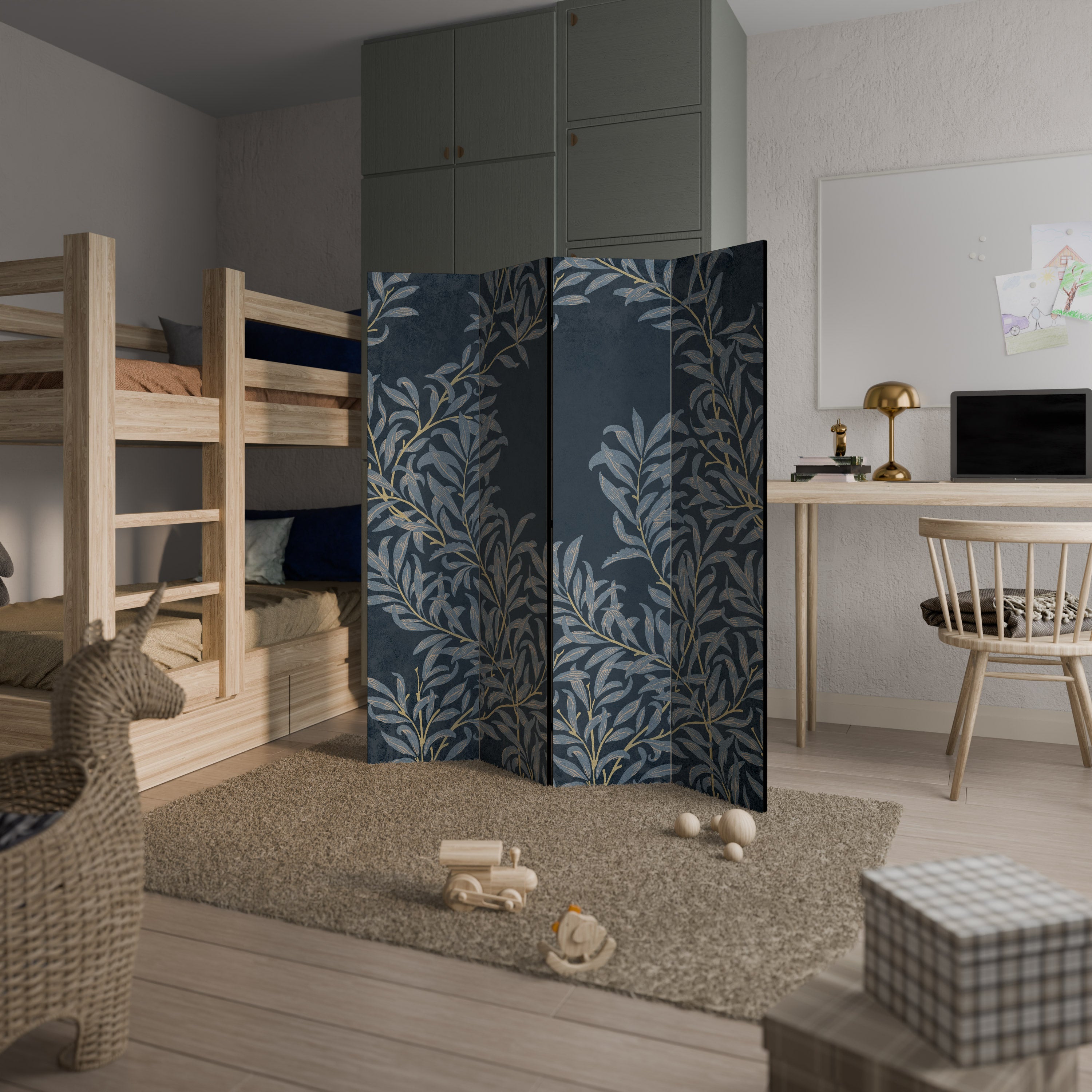 BLUE LEAVES 4-Panel Room Divider