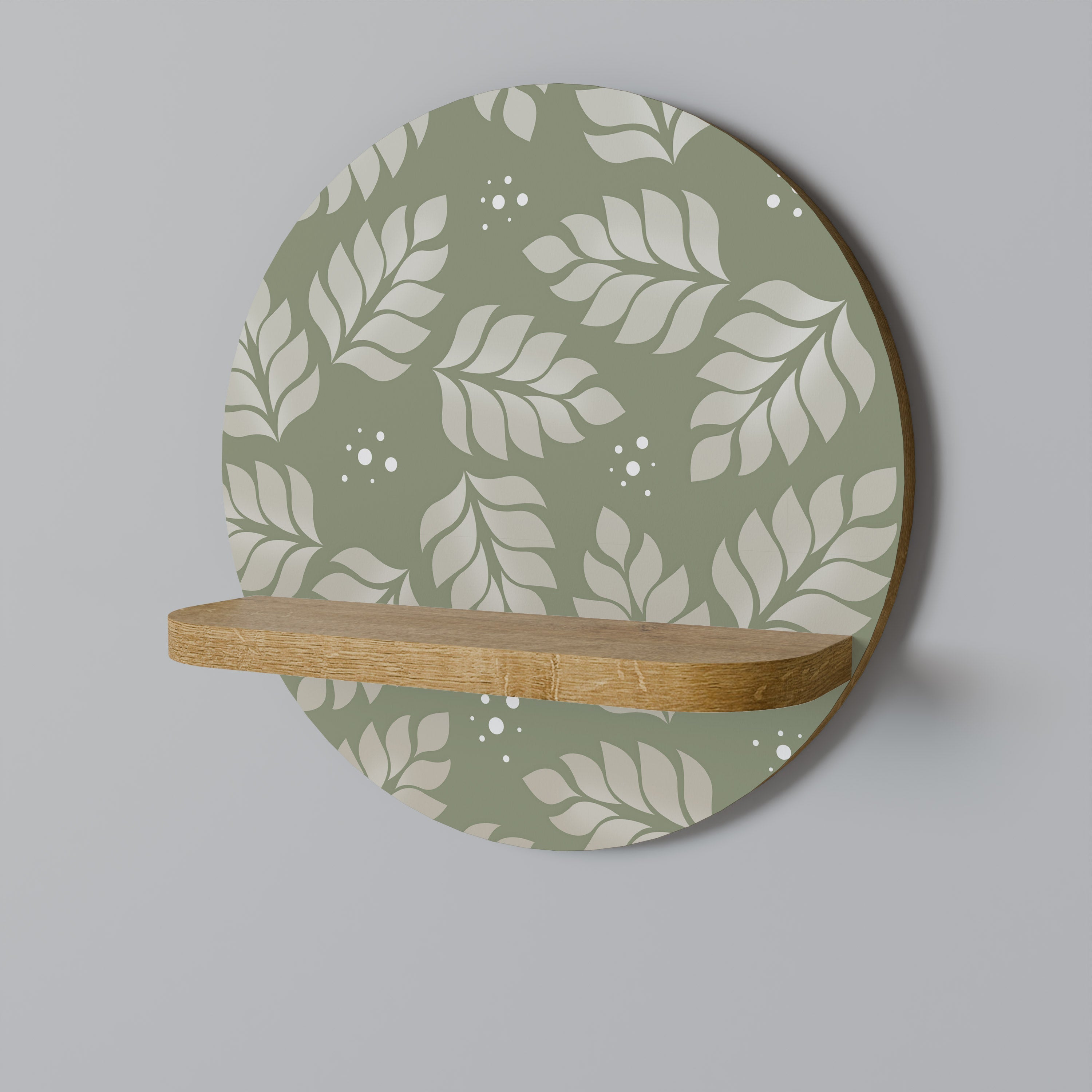 LEAVES ON GREEN Round Art Shelf In Oak Effect