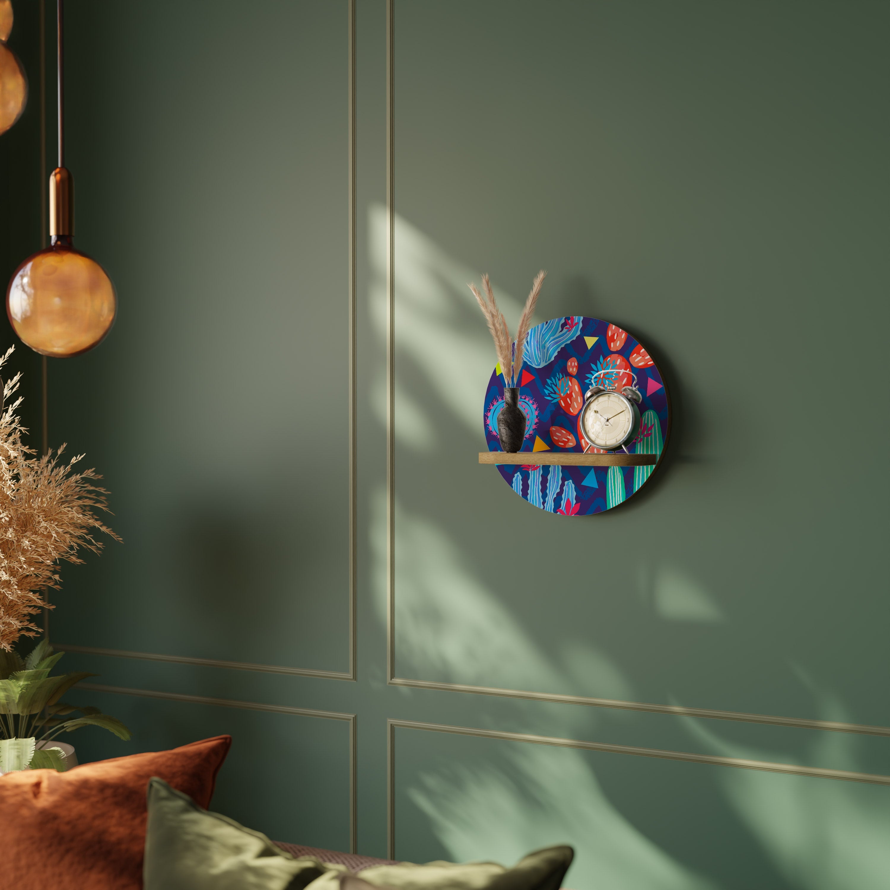 CACTUS VIBES Round Art Shelf In Oak Effect