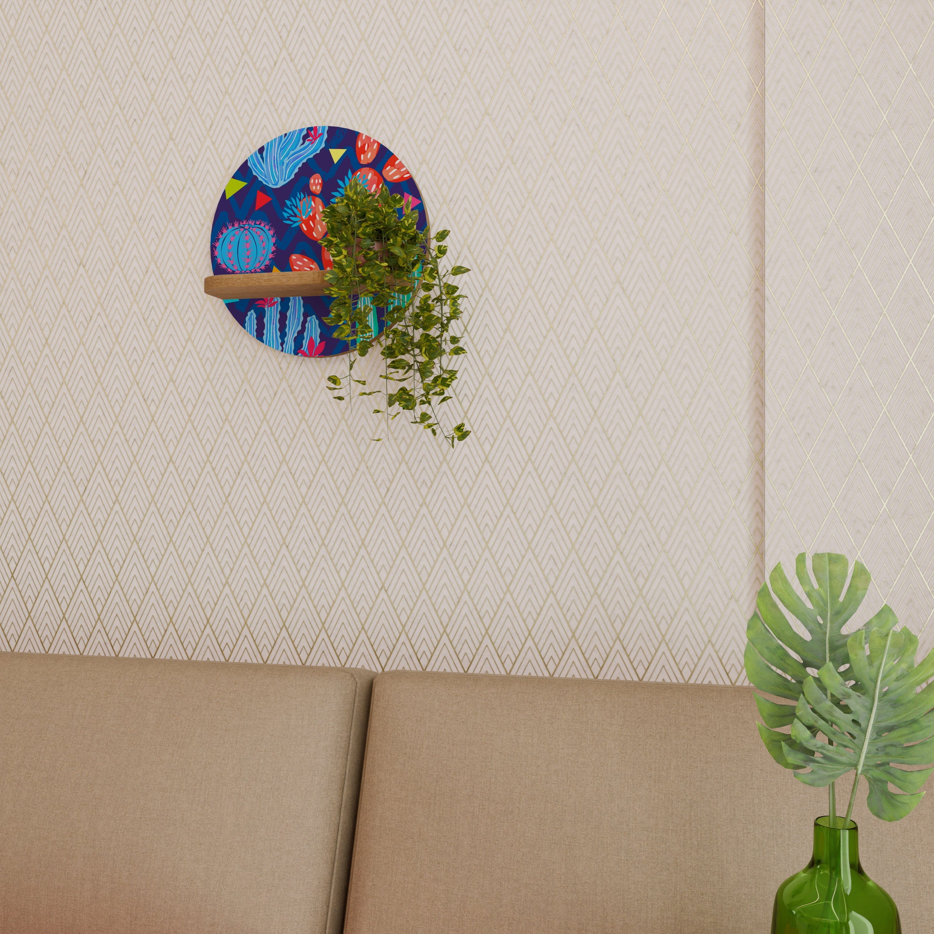 CACTUS VIBES Round Art Shelf In Oak Effect