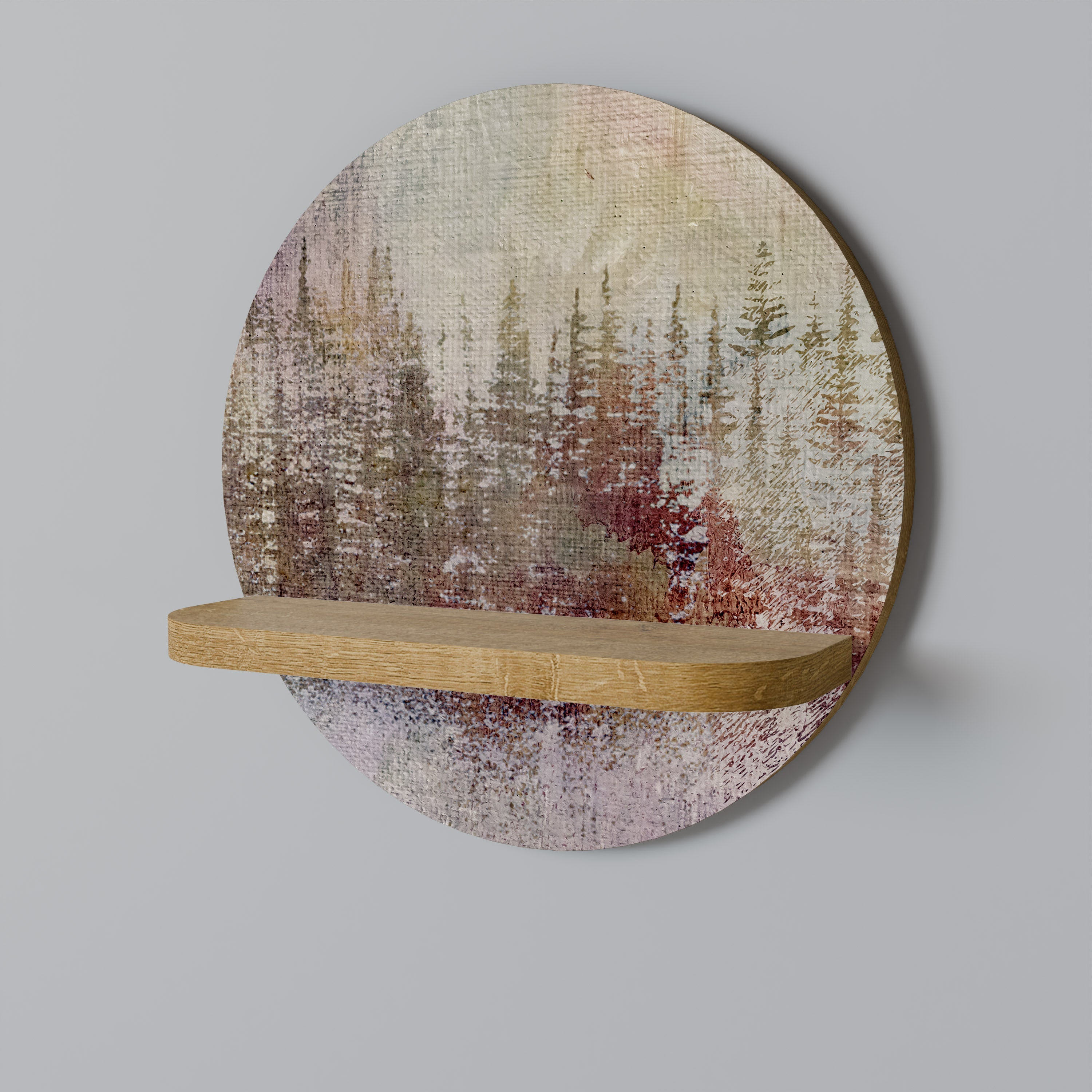 VEILED SUMMIT Round Art Shelf In Oak Effect
