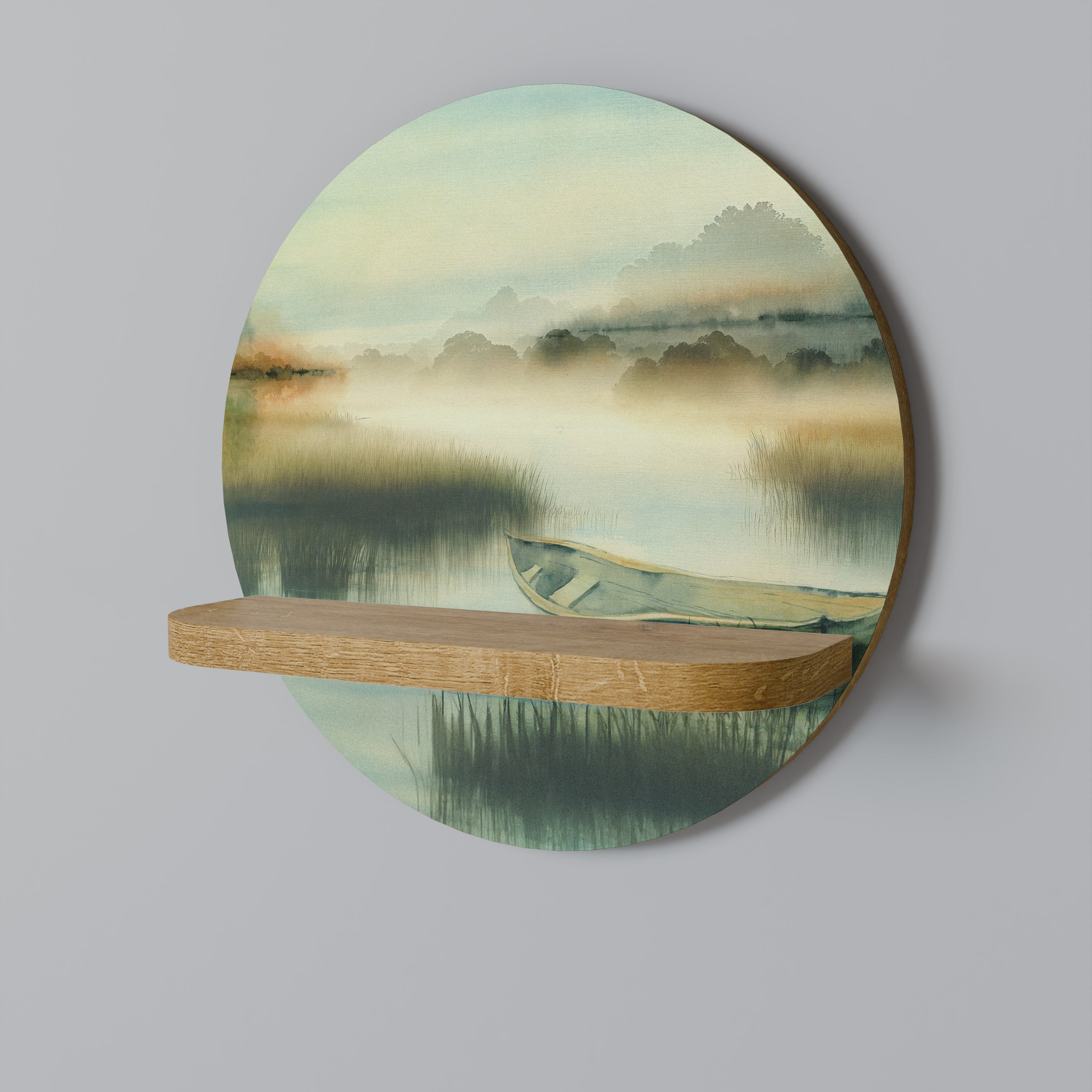 MORNING BY THE LAKE Round Art Shelf In Oak Effect