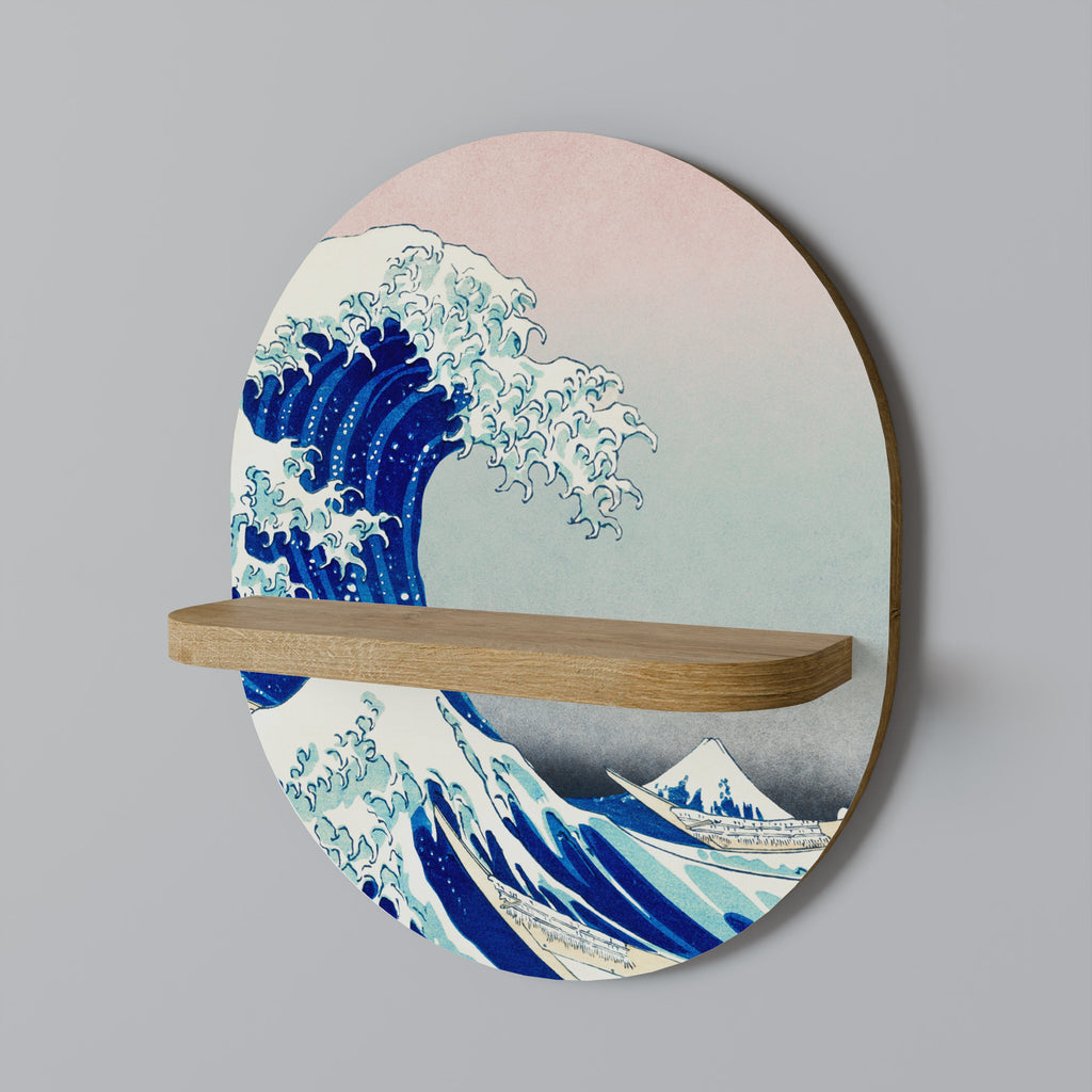 Οβάλ Ράφι Τέχνης THE GREAT WAVE σε Φόντο Δρυός