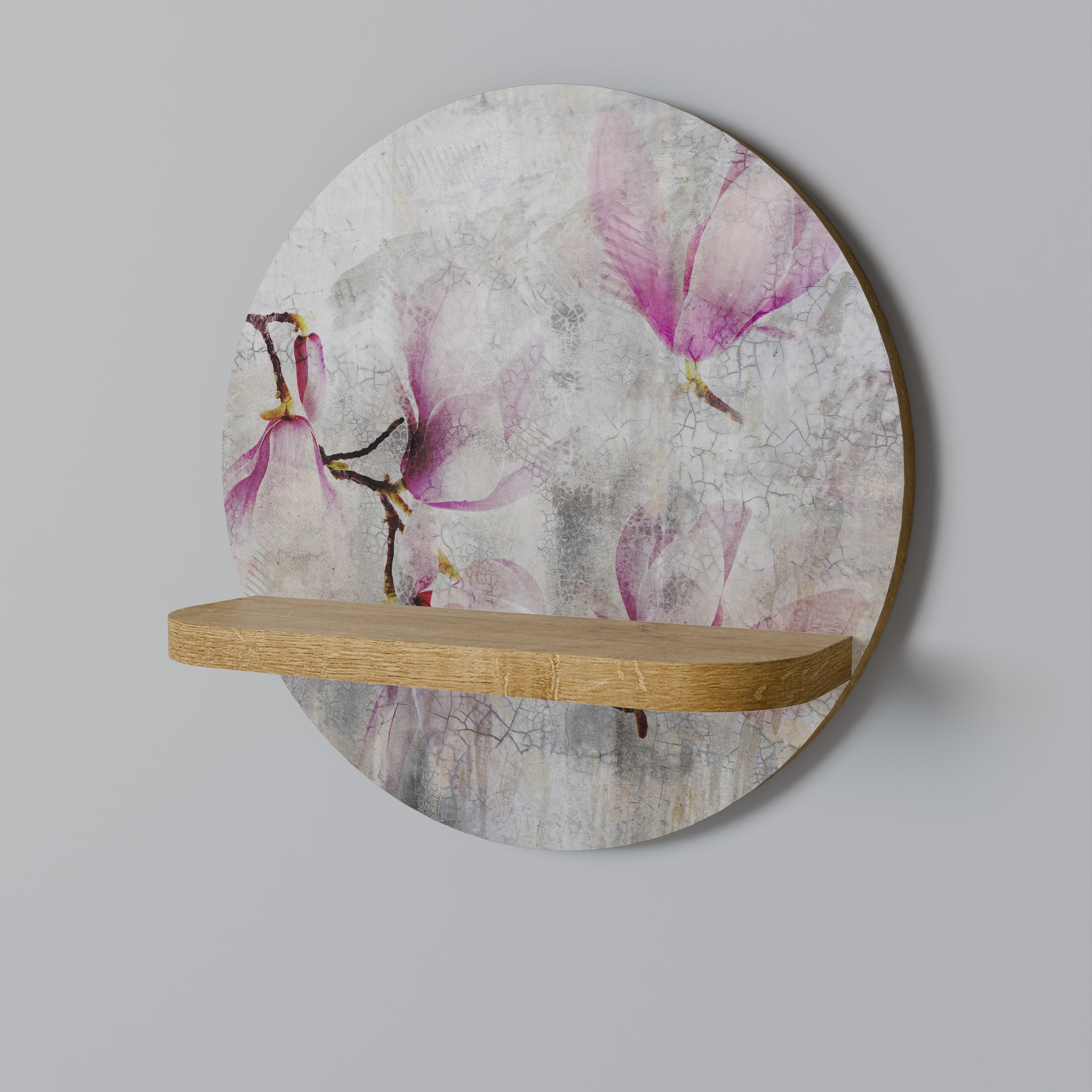 ASTONISHING MAGNOLIA Round Art Shelf In Oak Effect