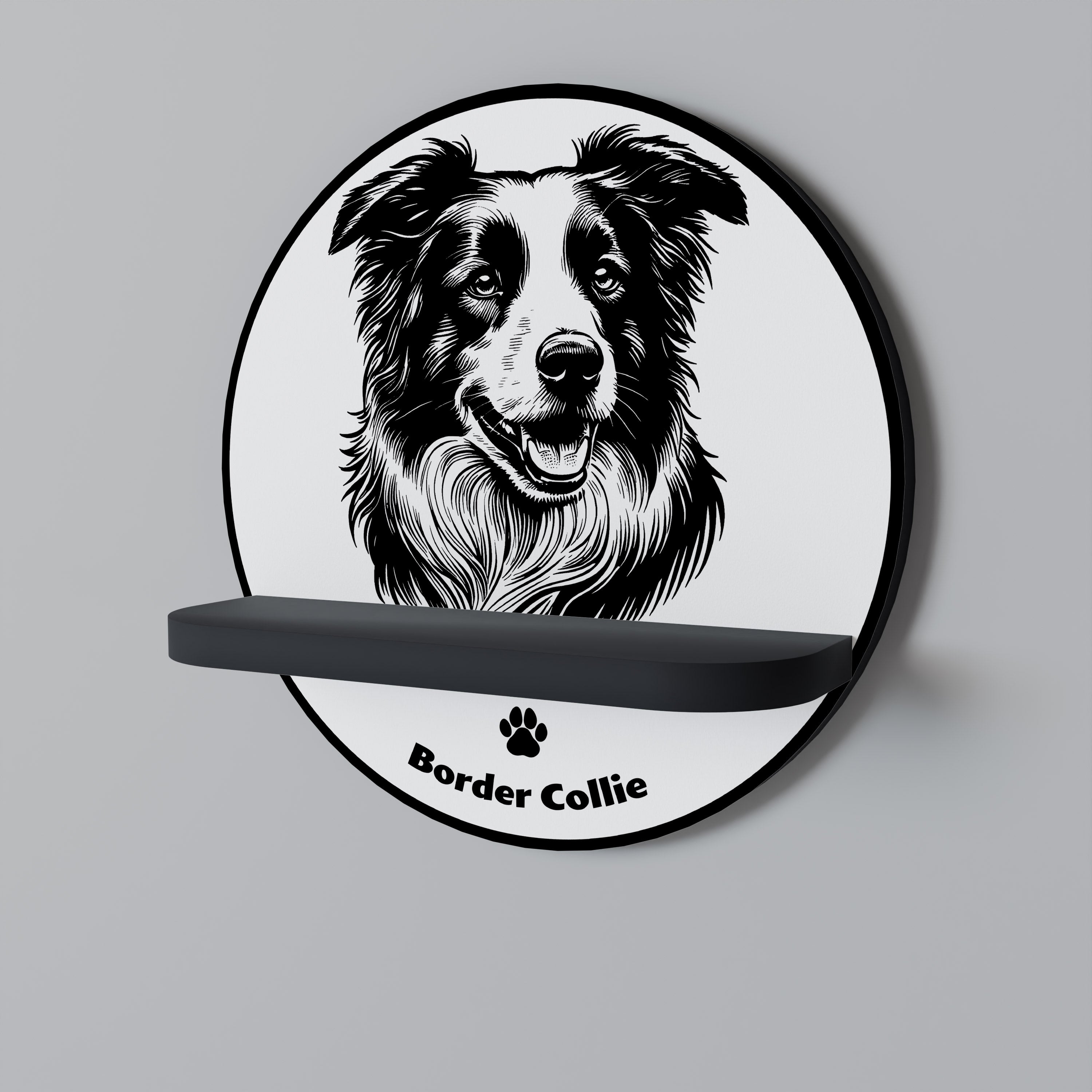 Στρογγυλό ράφι τέχνης BORDER COLLIE σε μαύρο φινίρισμα