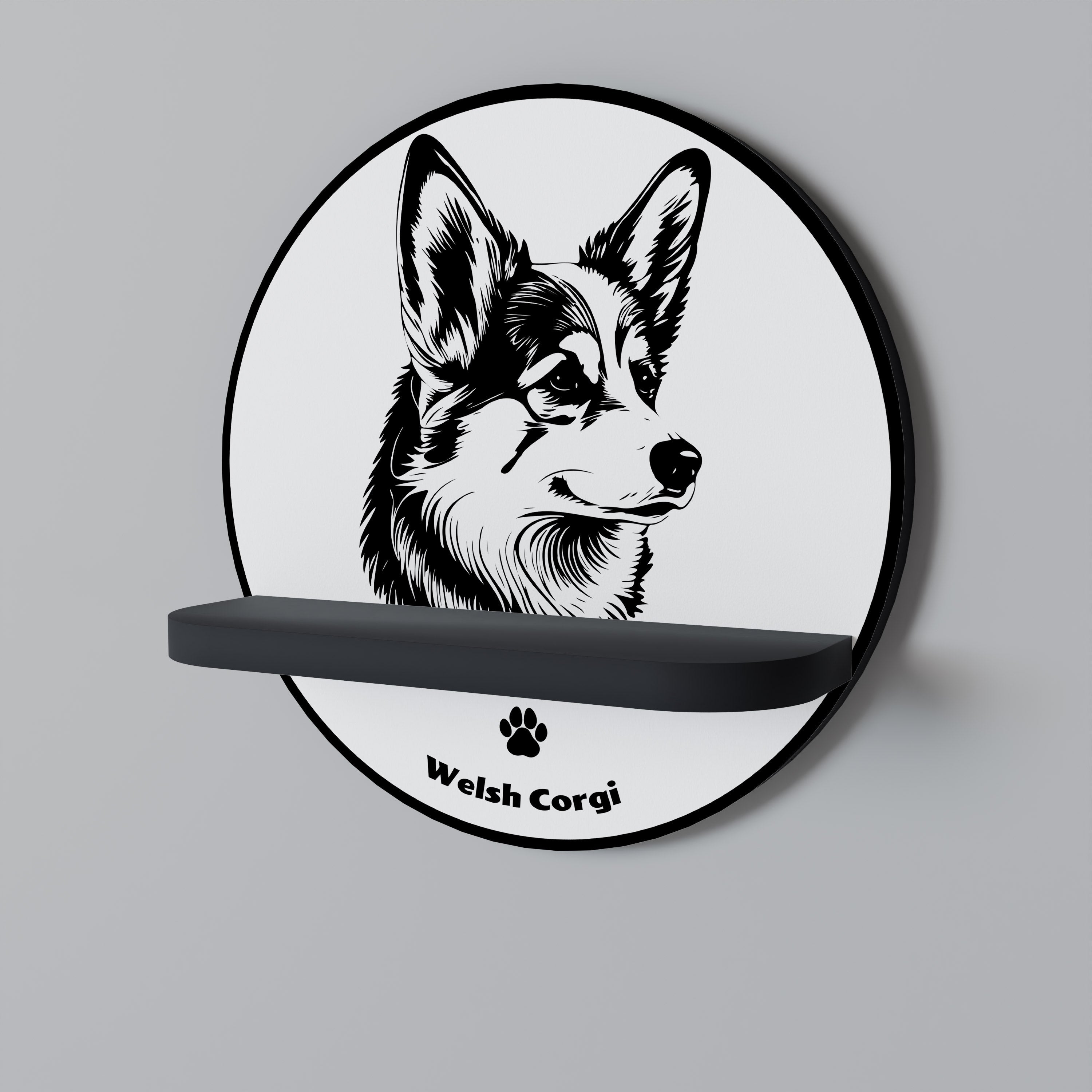 Στρογγυλό ράφι τέχνης WELSH CORGI PEMBROKE σε μαύρο φινίρισμα