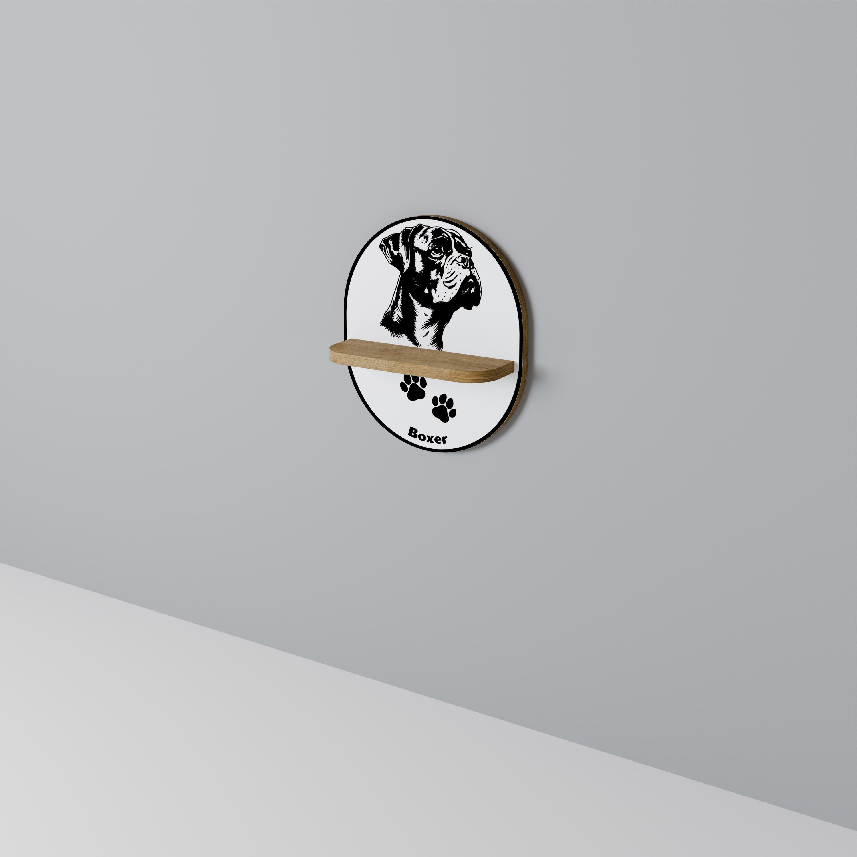 BOXER DOG Oval Art Shelf In Oak Effect