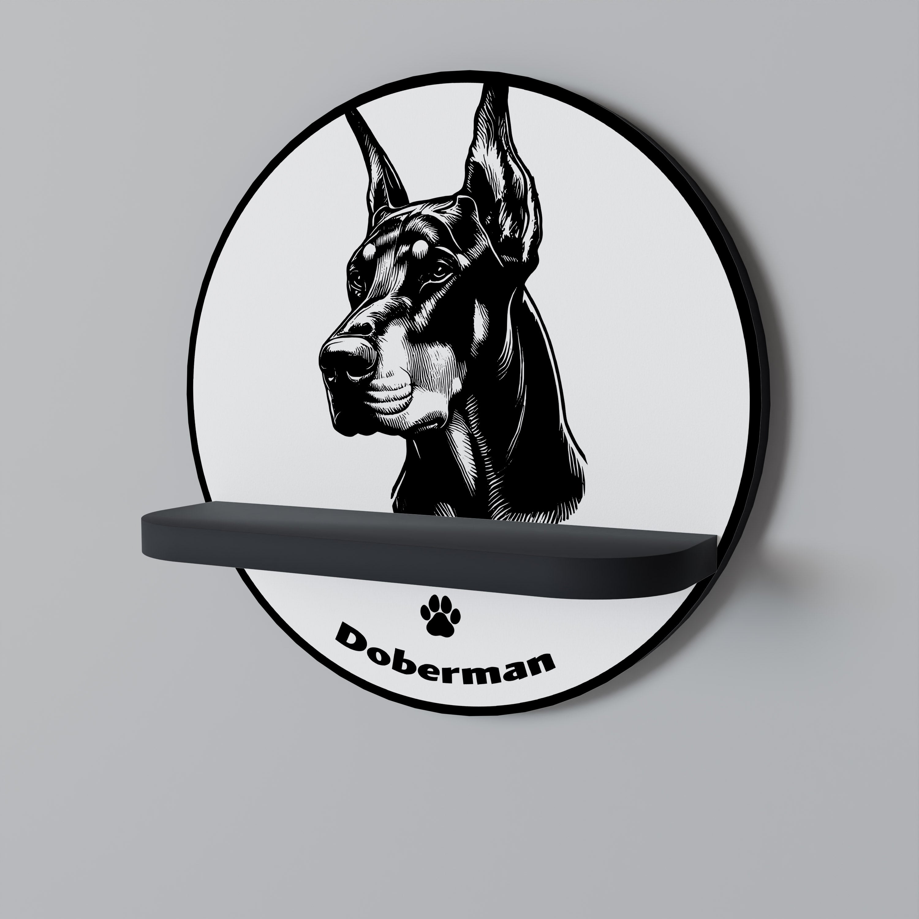Στρογγυλό ράφι τέχνης για σκύλους DOBERMAN σε μαύρο φινίρισμα