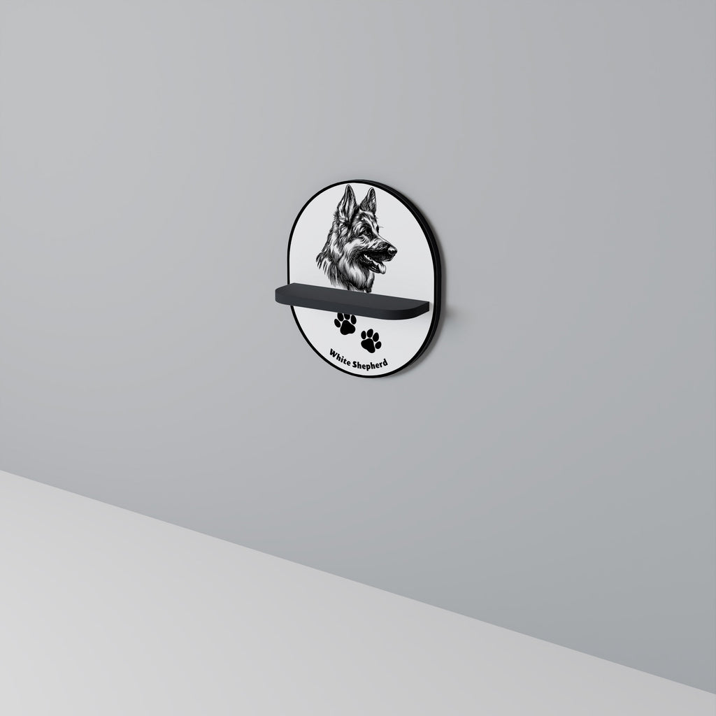 WHITE SHEPHERD DOG Oval Art Shelf In Black Finish