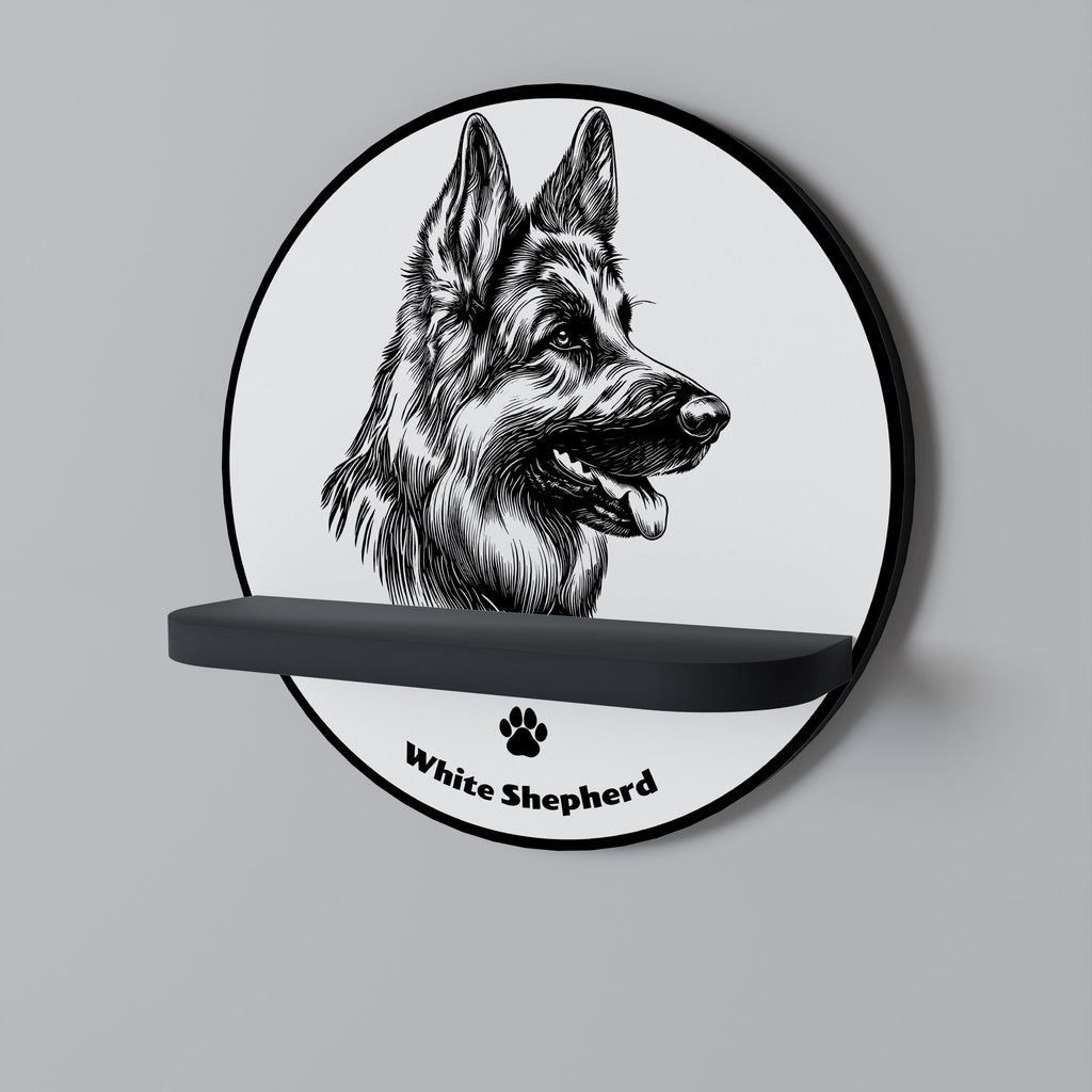 Στρογγυλό ράφι τέχνης WHITE SHEPHERD DOG σε μαύρο φινίρισμα