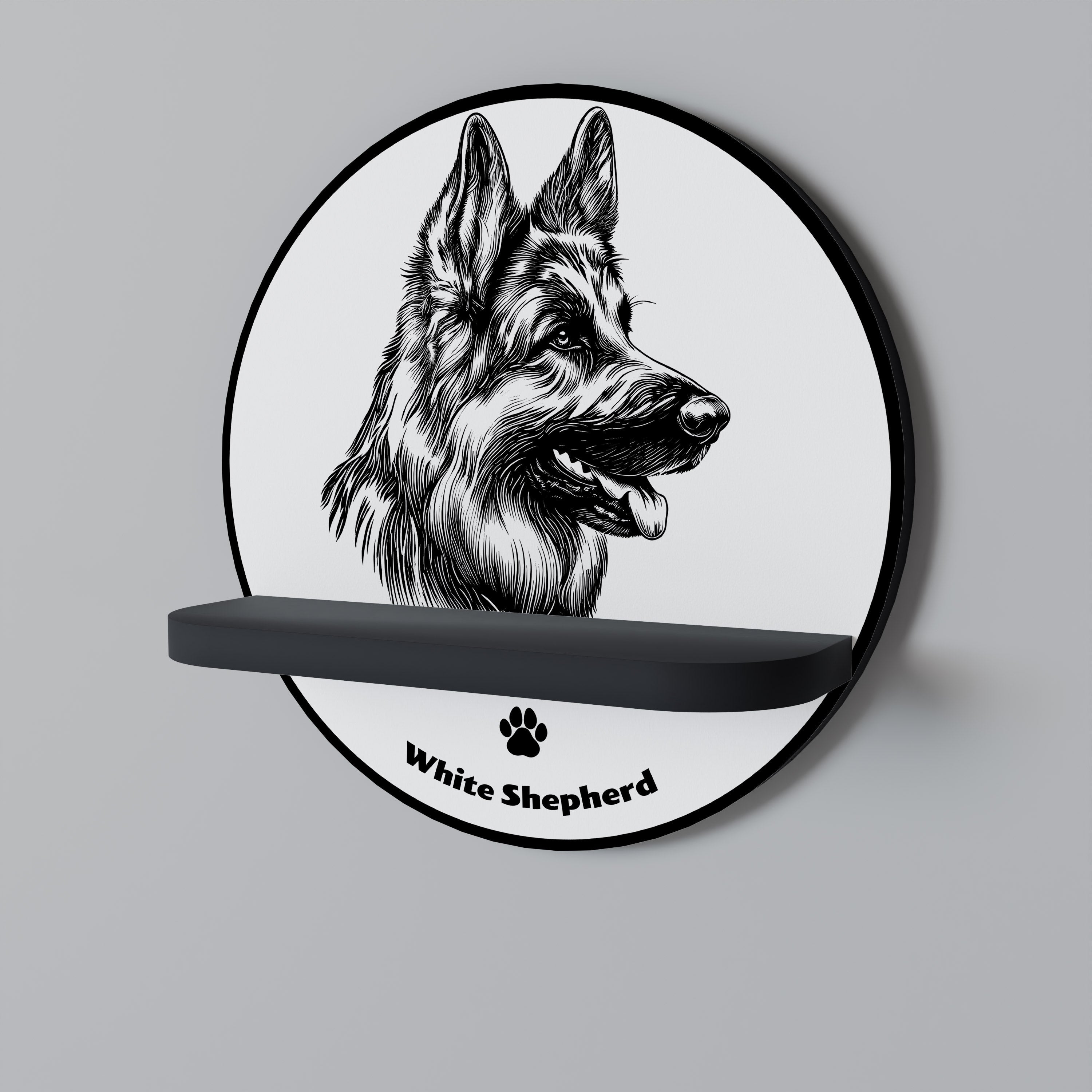 Στρογγυλό ράφι τέχνης WHITE SHEPHERD DOG σε μαύρο φινίρισμα