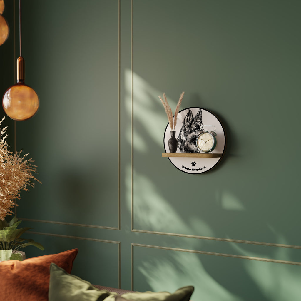 WHITE SHEPHERD DOG Round Art Shelf In Oak Effect