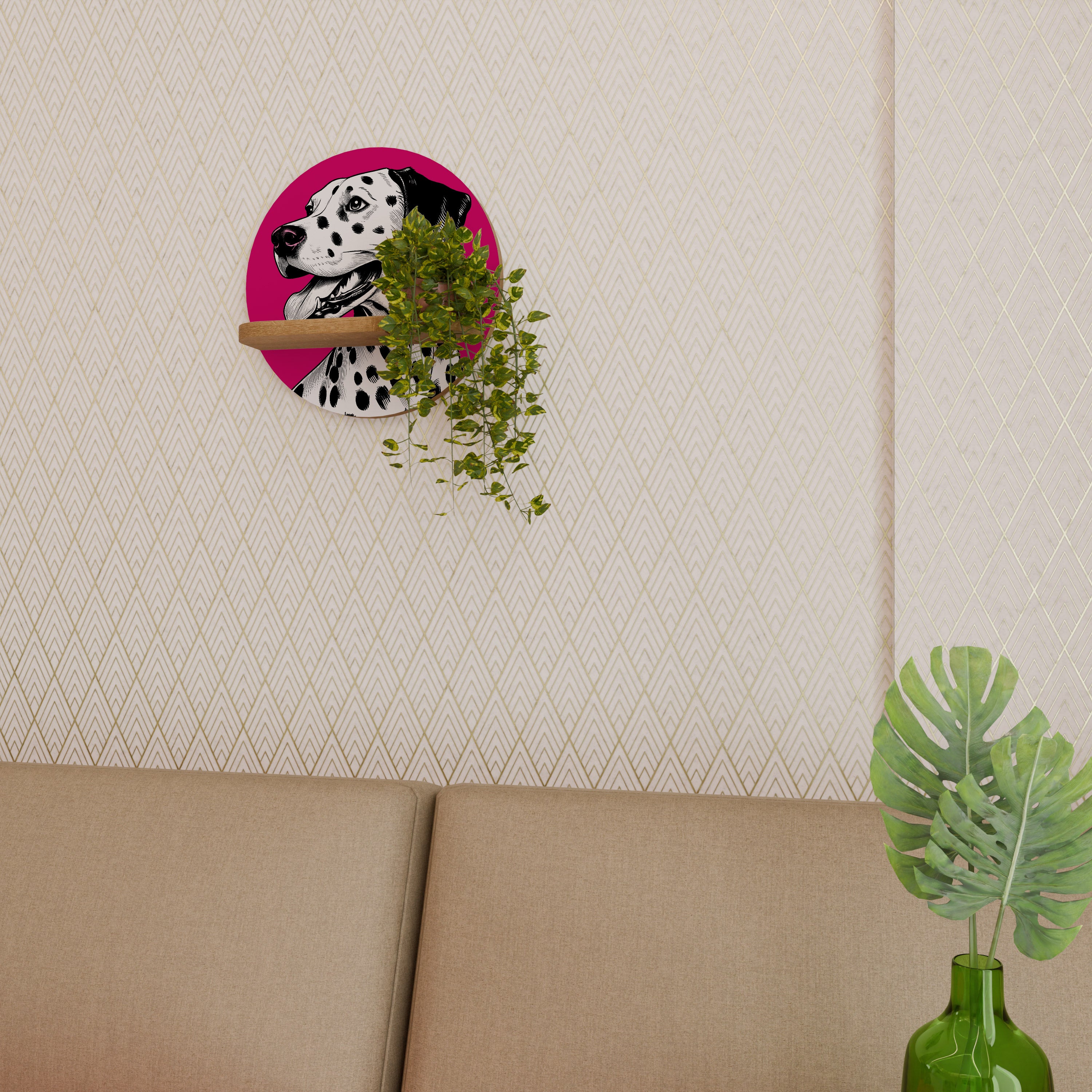 DALMATIAN SMILE Round Art Shelf In Oak Effect